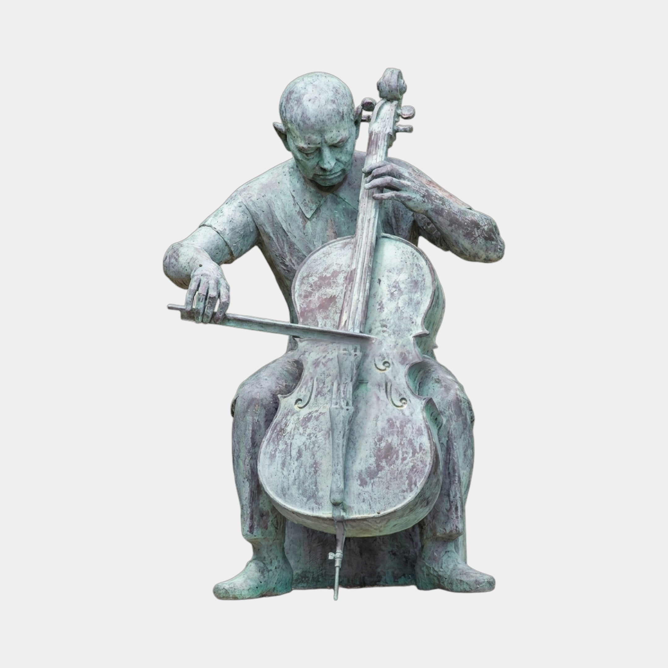 Life-Size Contemporary Seated Cellist Bronze Sculpture 190cm by Giant Sculptures, verdigris patina figure bowed over cello mid-performance, plain background.