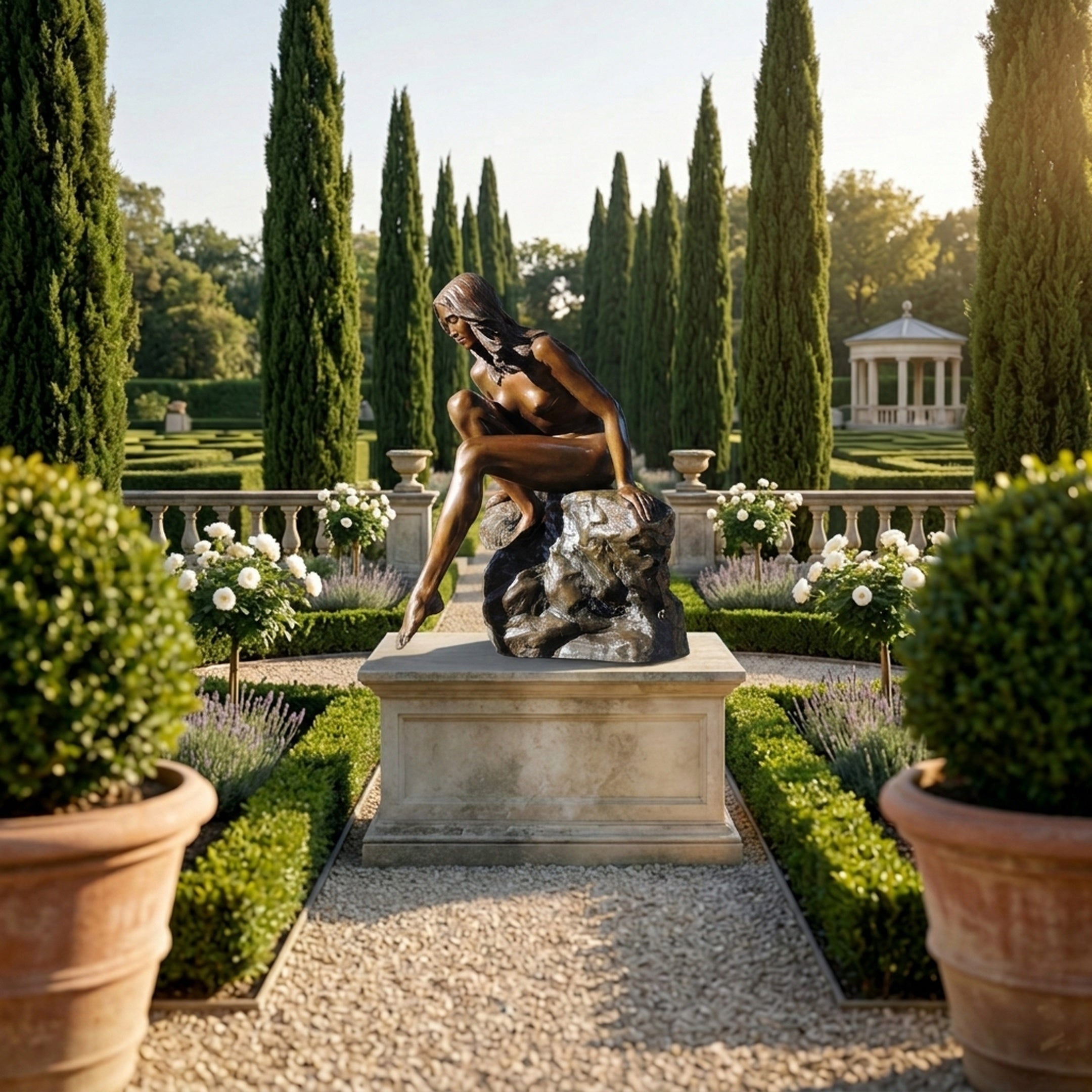 Giant Sculptures Life-Size Contemporary Seated Female Figure Bronze 140cm on a stone plinth in a formal garden with cypress trees and white roses.