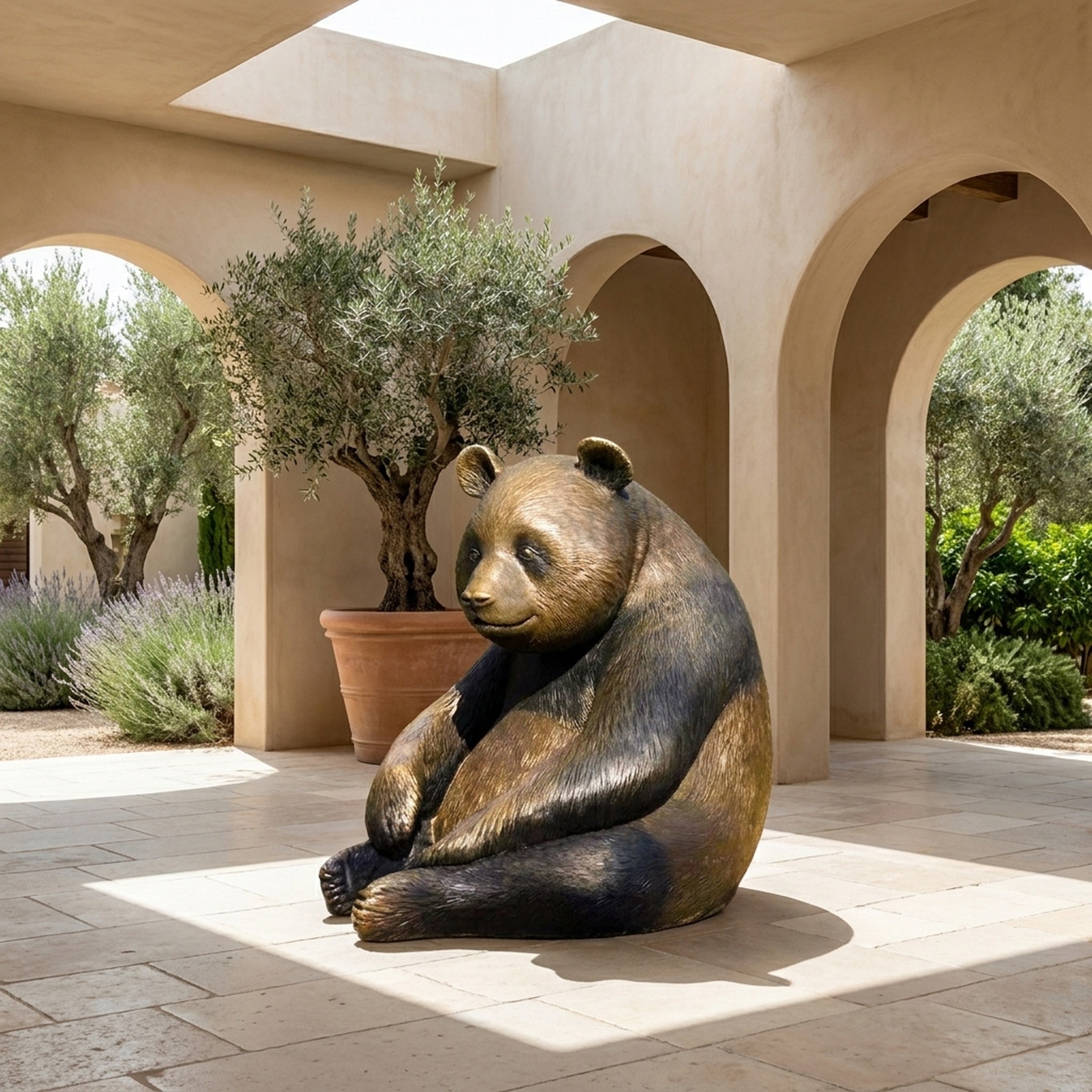 Life-Size Contemporary Seated Panda Bronze Sculpture by Giant Sculptures in a sunlit arched courtyard with olive trees and lavender.