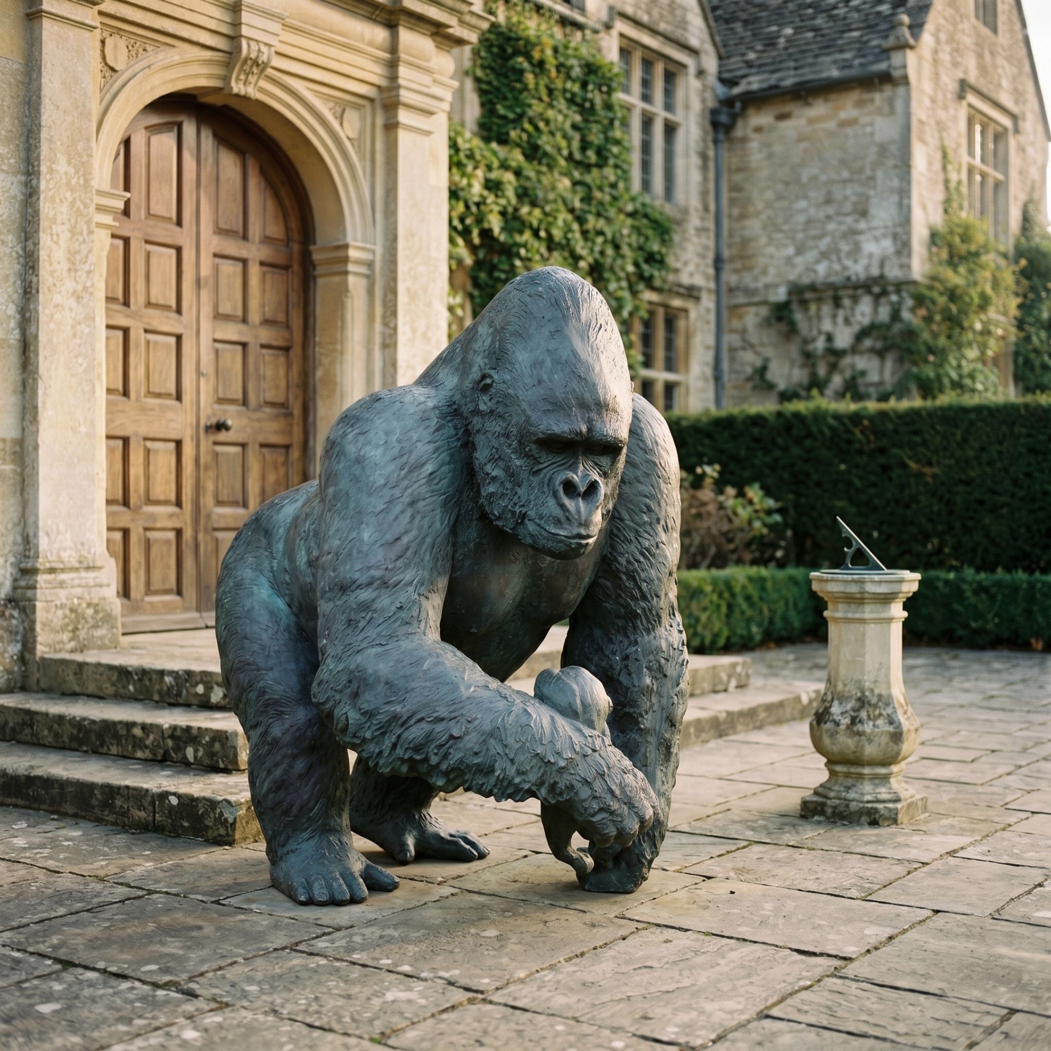 Life-Size Contemporary Silverback Gorilla and Infant Bronze Sculpture by Giant Sculptures in dark patina, on a stone courtyard outside an ivy-clad manor.
