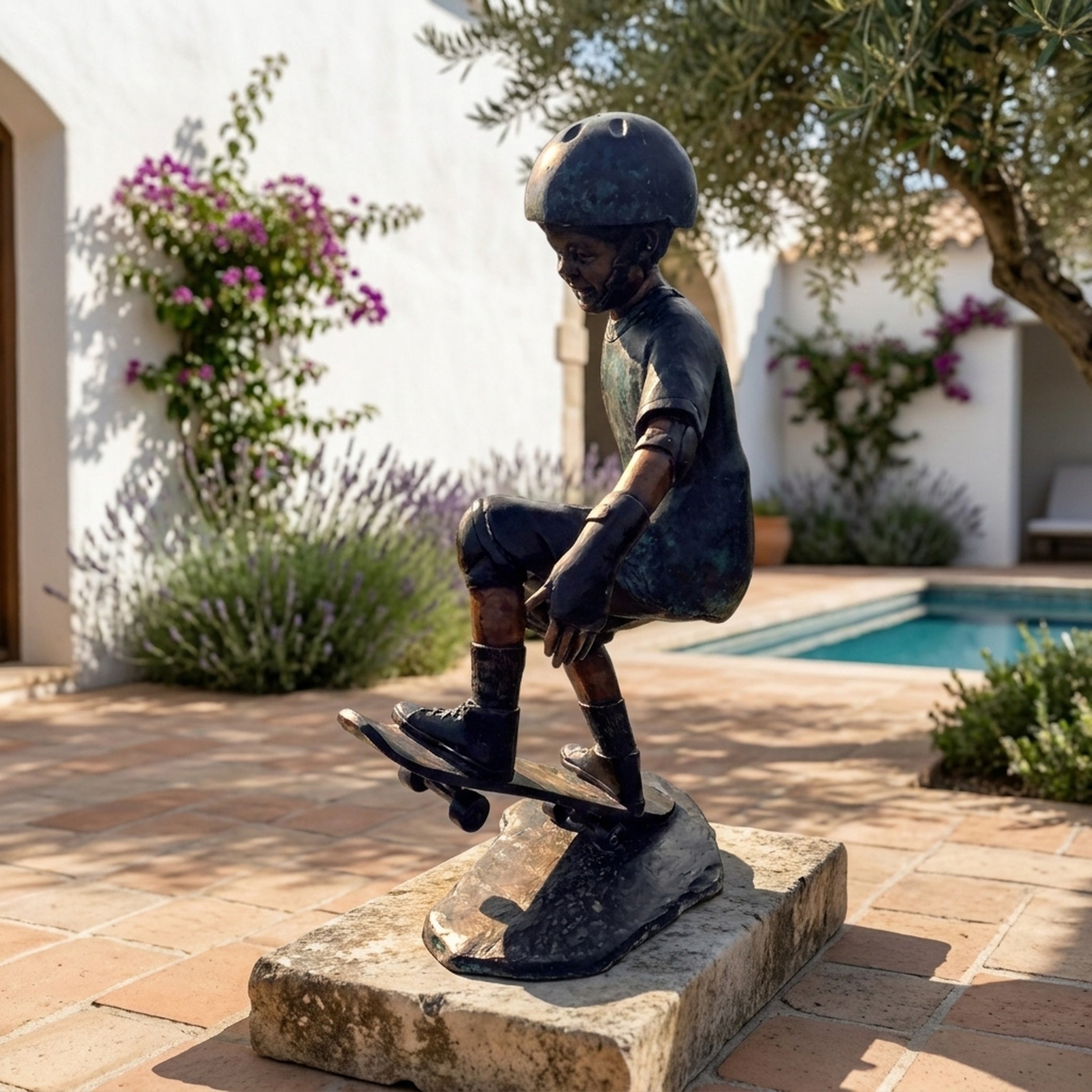 Life-Size Contemporary Skateboarding Boy Bronze Sculpture by Giant Sculptures, crouched mid-trick on a stone base in a sunlit poolside courtyard with lavender.