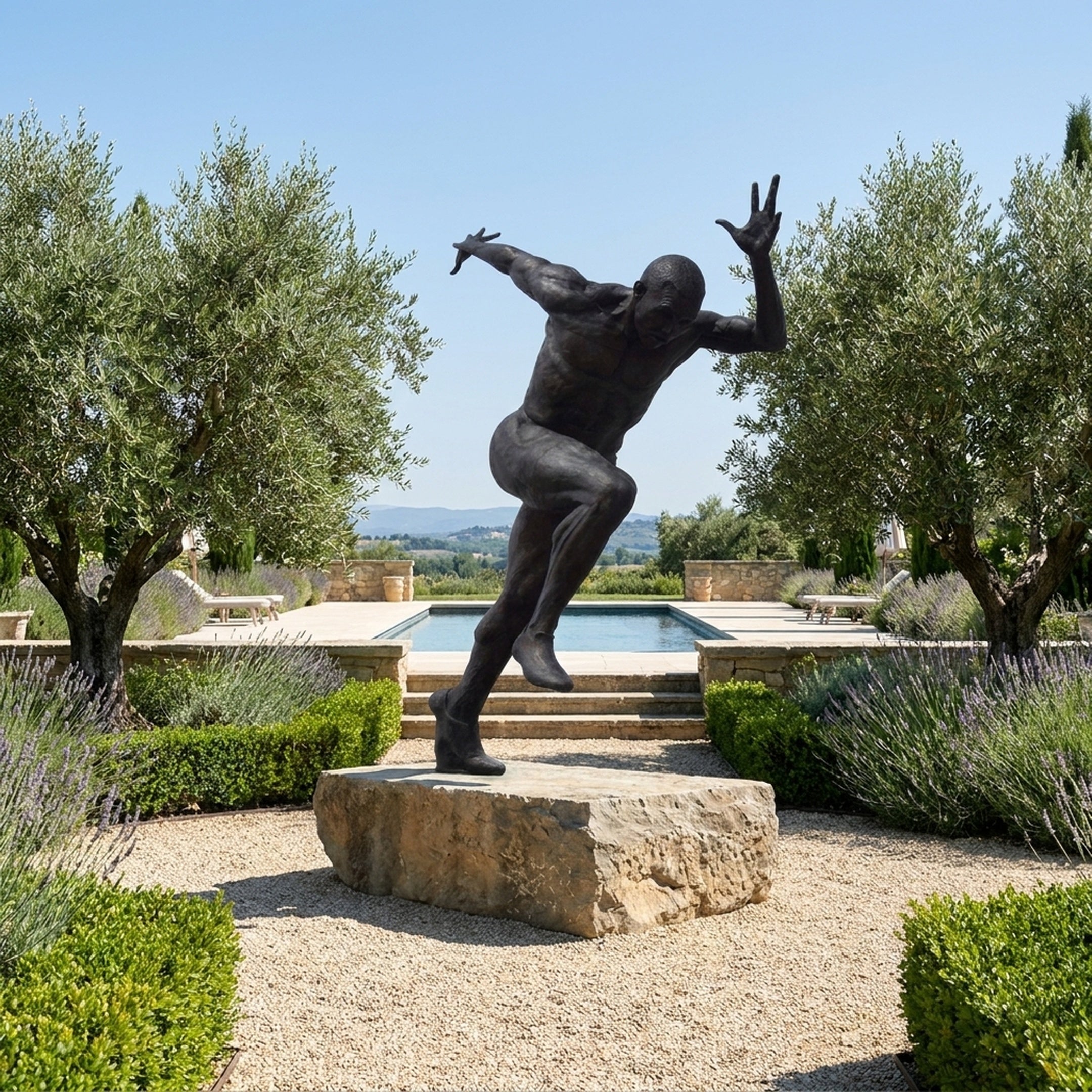 Giant Sculptures Life-Size Sprinting Male Figure Bronze Sculpture in dark patina on a stone block, mid-stride with arms flung wide, beside a pool and olive trees.