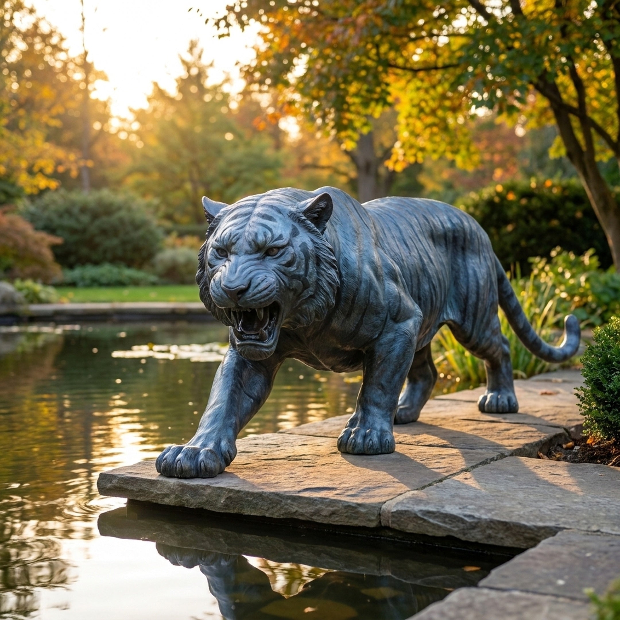 Life-Size Contemporary Stalking Tiger Bronze Sculpture by Giant Sculptures in blue-grey patina, mid-roar on stone paving beside a garden pond at sunset.