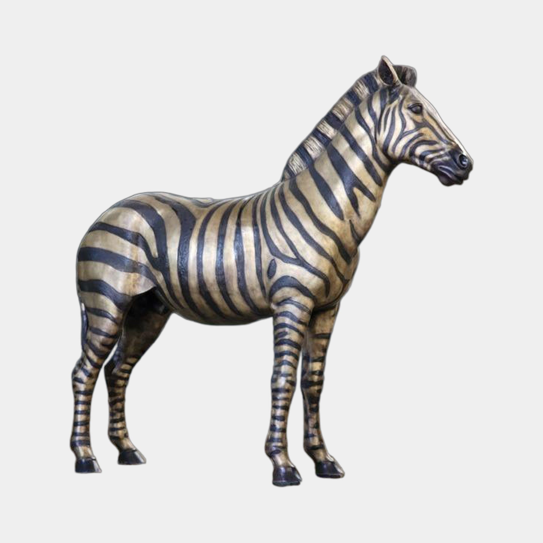 Life-Size Contemporary Standing Zebra Bronze Sculpture 170cm by Giant Sculptures, side view with hand-painted black and golden-tan stripes on a plain background.