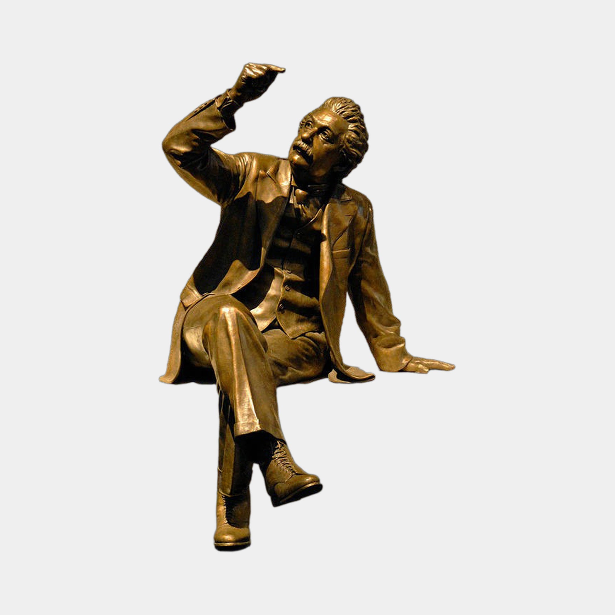 Giant Sculptures Life-Size Contemporary Suited Bench Figure Bronze Sculpture in golden-brown patina, seated with one leg crossed and arm raised pointing upward.