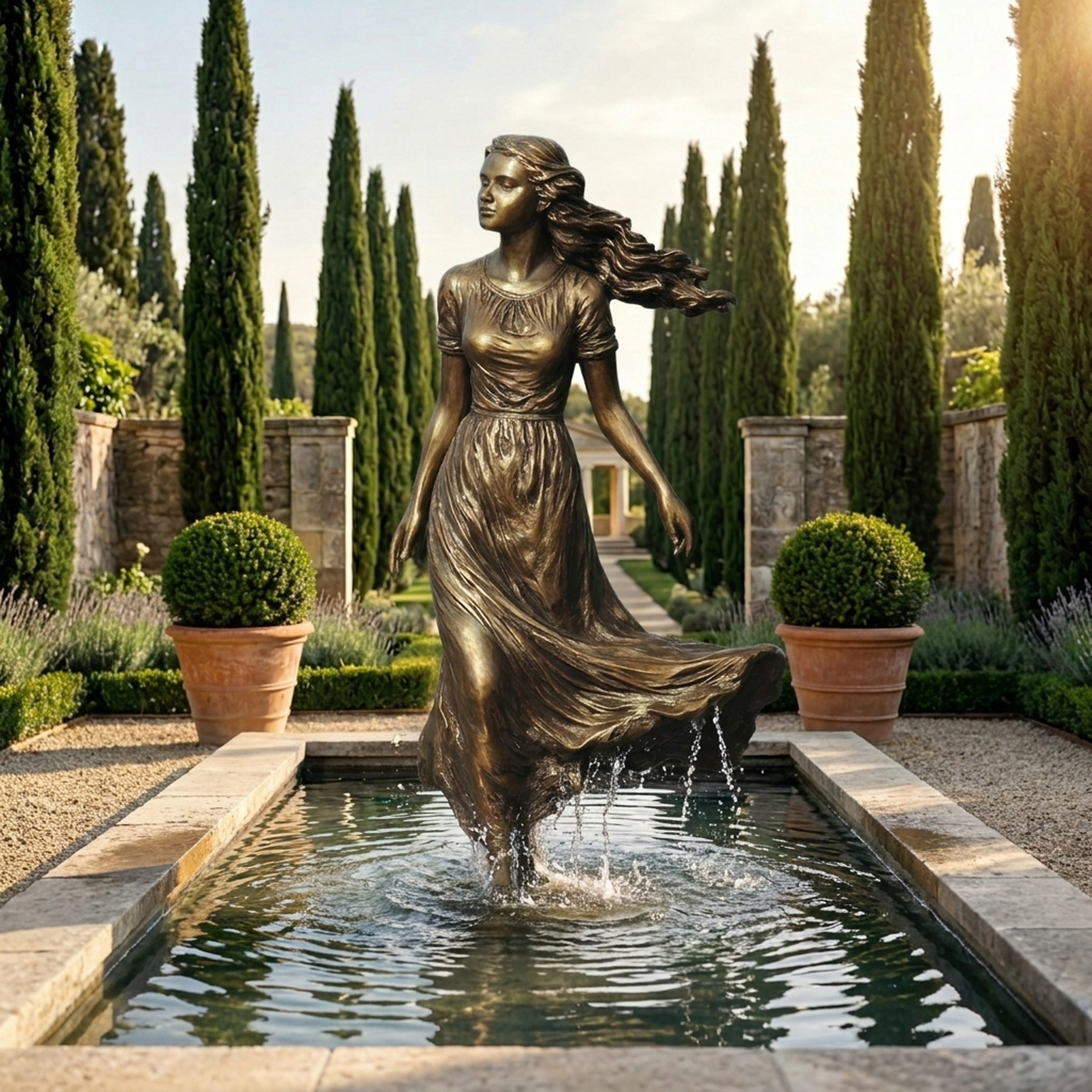 Life-Size Contemporary Walking Woman Bronze Fountain by Giant Sculptures, 220cm figure mid-stride with flowing dress above a rectangular pond in a cypress garden.