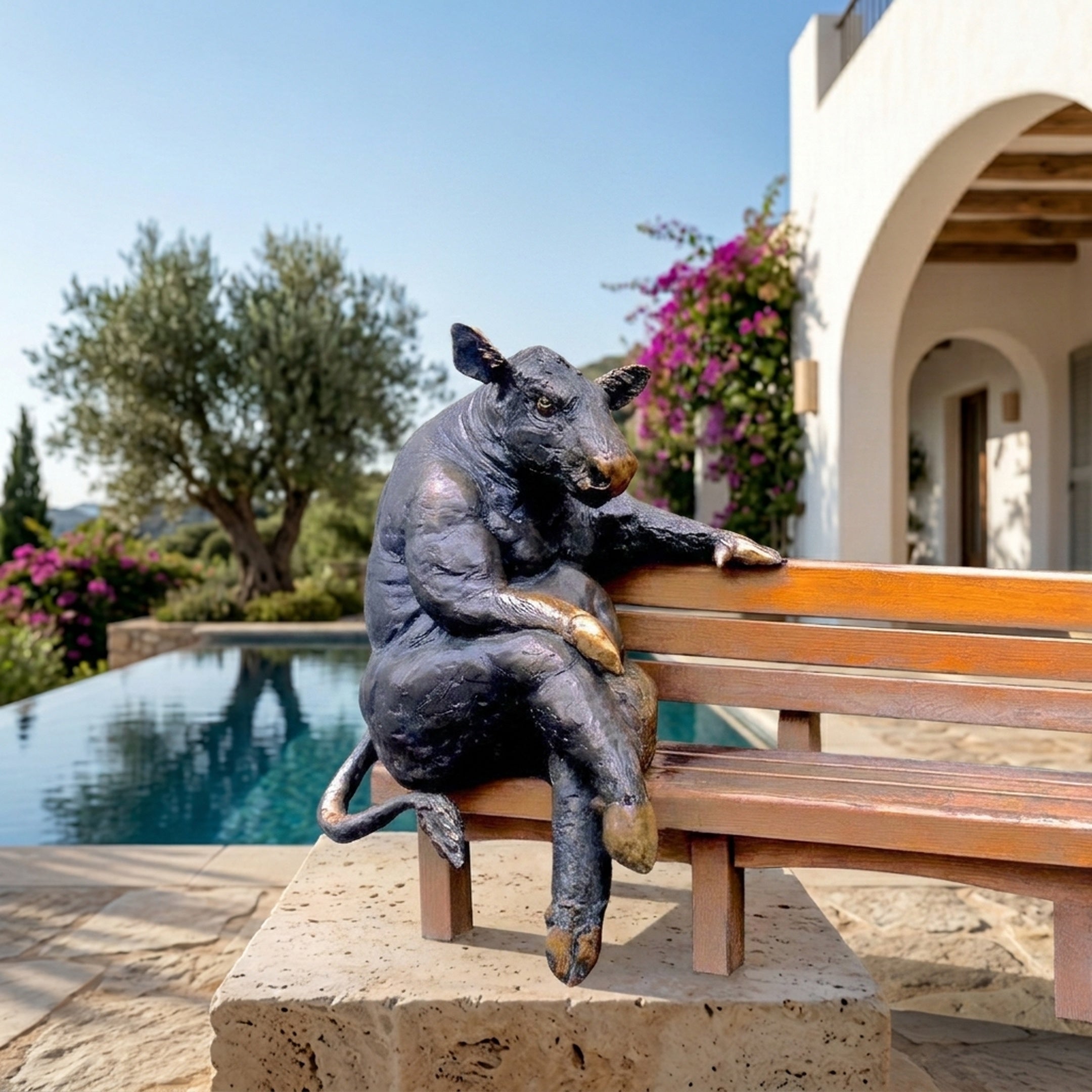 Life-Size Contemporary Wild Boar on Bench Bronze Sculpture by Giant Sculptures, seated upright with foreleg on rail, beside a poolside terrace and bougainvillea.