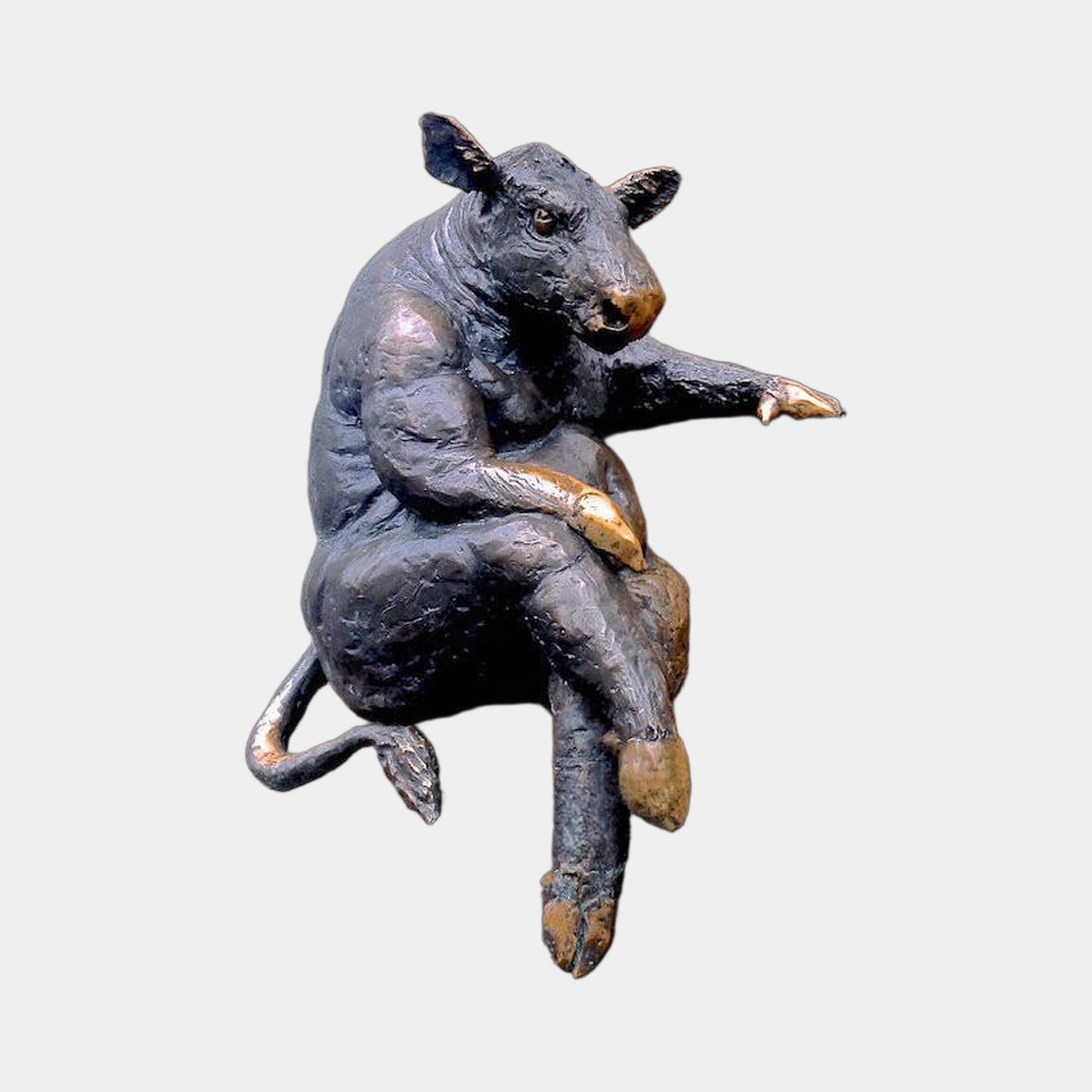 Life-Size Contemporary Wild Boar bronze sculpture by Giant Sculptures, shown seated upright with dark patina and golden-bronze accents on a plain background.