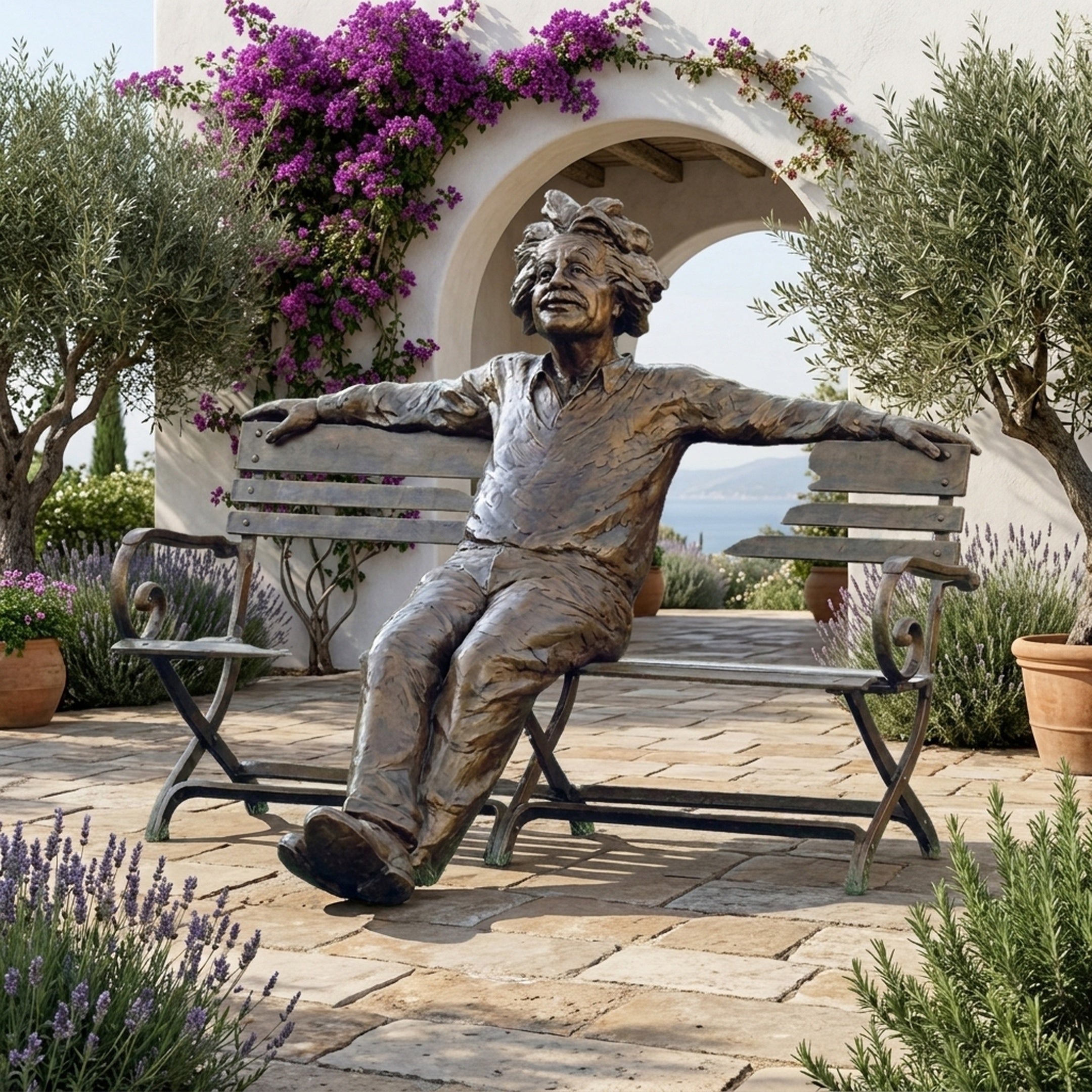 Giant Sculptures Life-Size Wild-Haired Man on Bench Bronze Sculpture with arms spread along the backrest, set on a stone patio with lavender and olive trees.