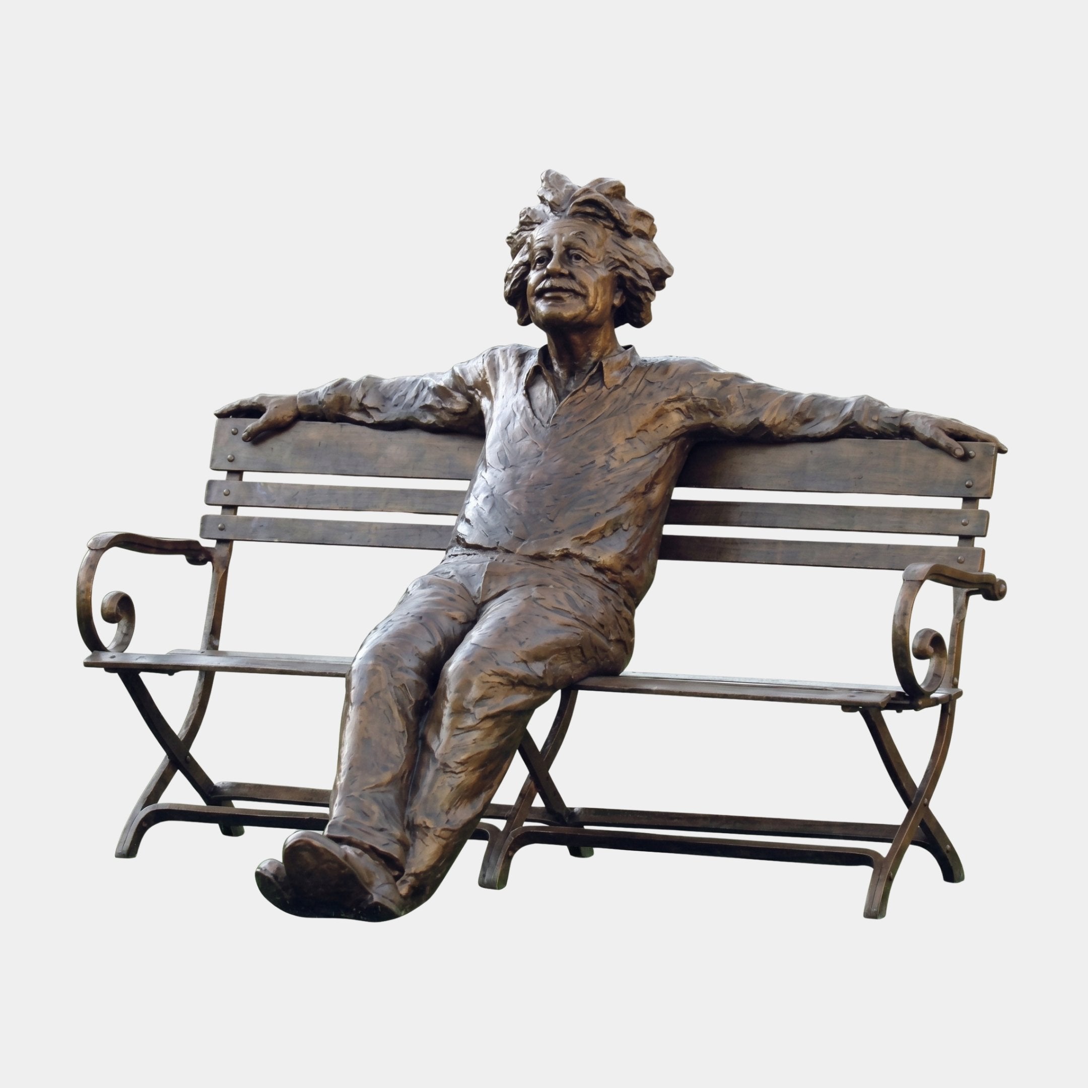 Life-Size Contemporary Wild-Haired Man on Bench Bronze Sculpture by Giant Sculptures, seated with arms spread along the backrest, warm brown patina, on plain background.