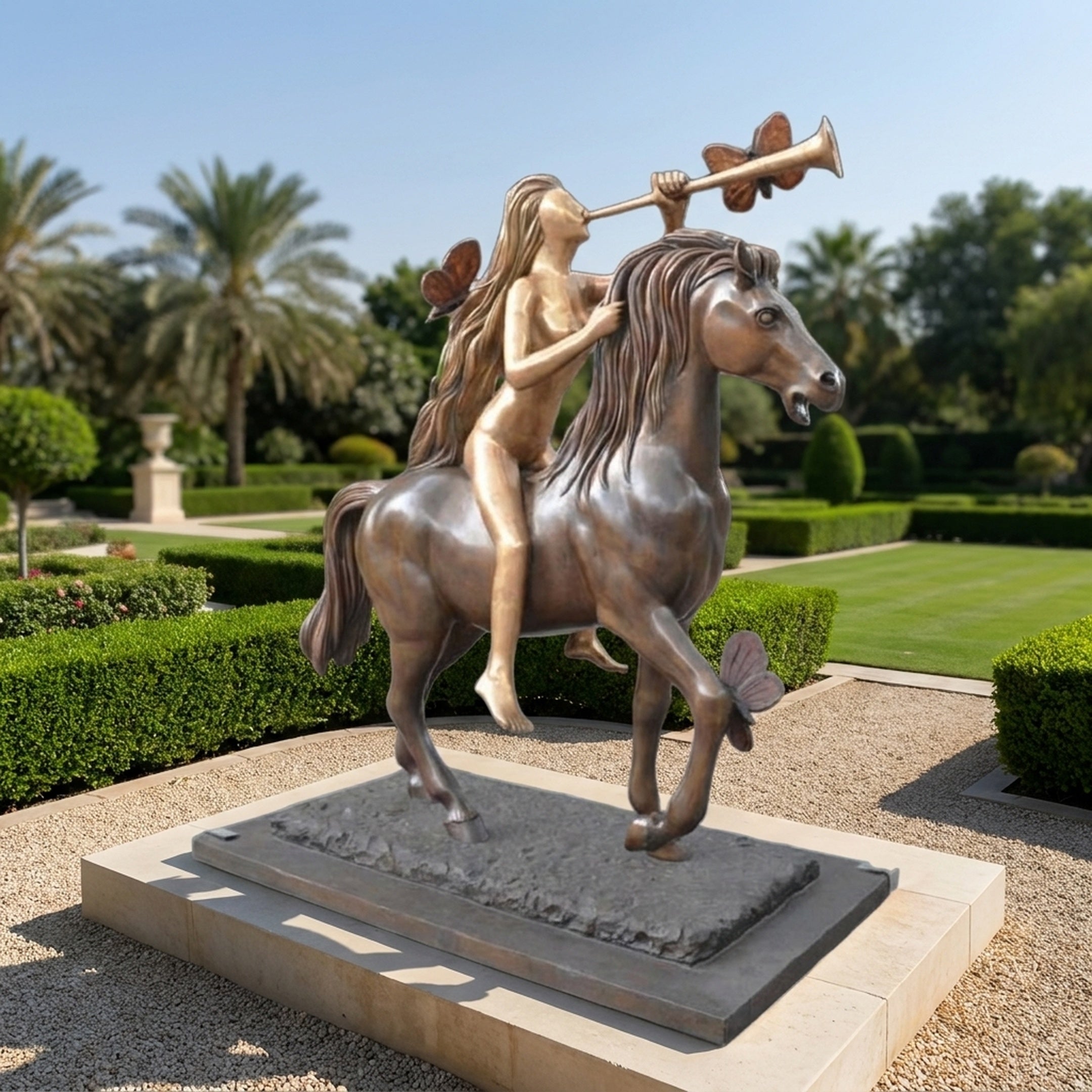 Life-Size Contemporary Winged Goddess and Horse Bronze Sculpture by Giant Sculptures displayed in a formal garden with palms, showing the nude figure raising a trumpet astride a rearing horse in dual-tone patina.