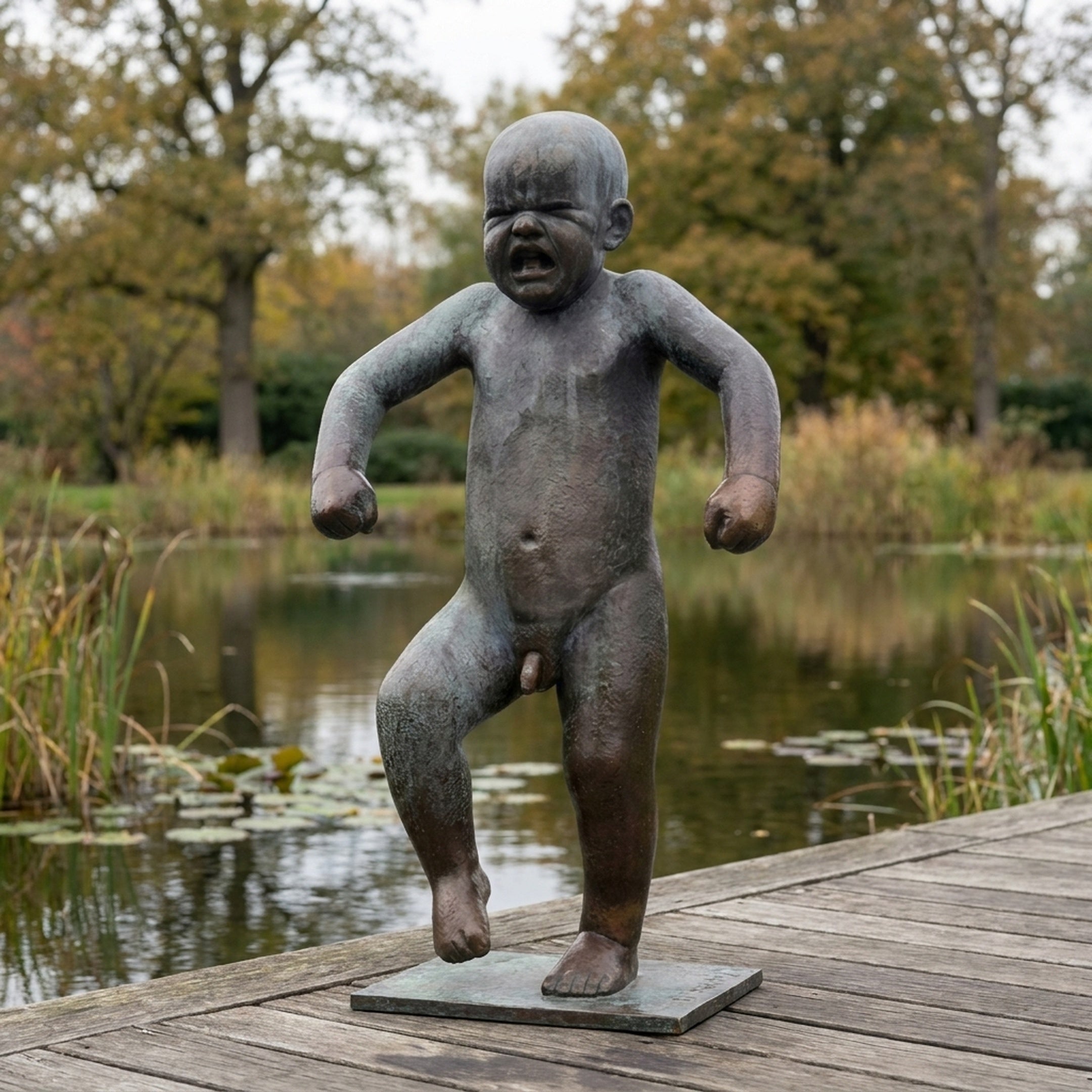 Life-Size Crying Toddler Bronze Sculpture by Giant Sculptures, 180cm figure mid-tantrum with raised knee and clenched fists, displayed on a wooden deck beside a pond.