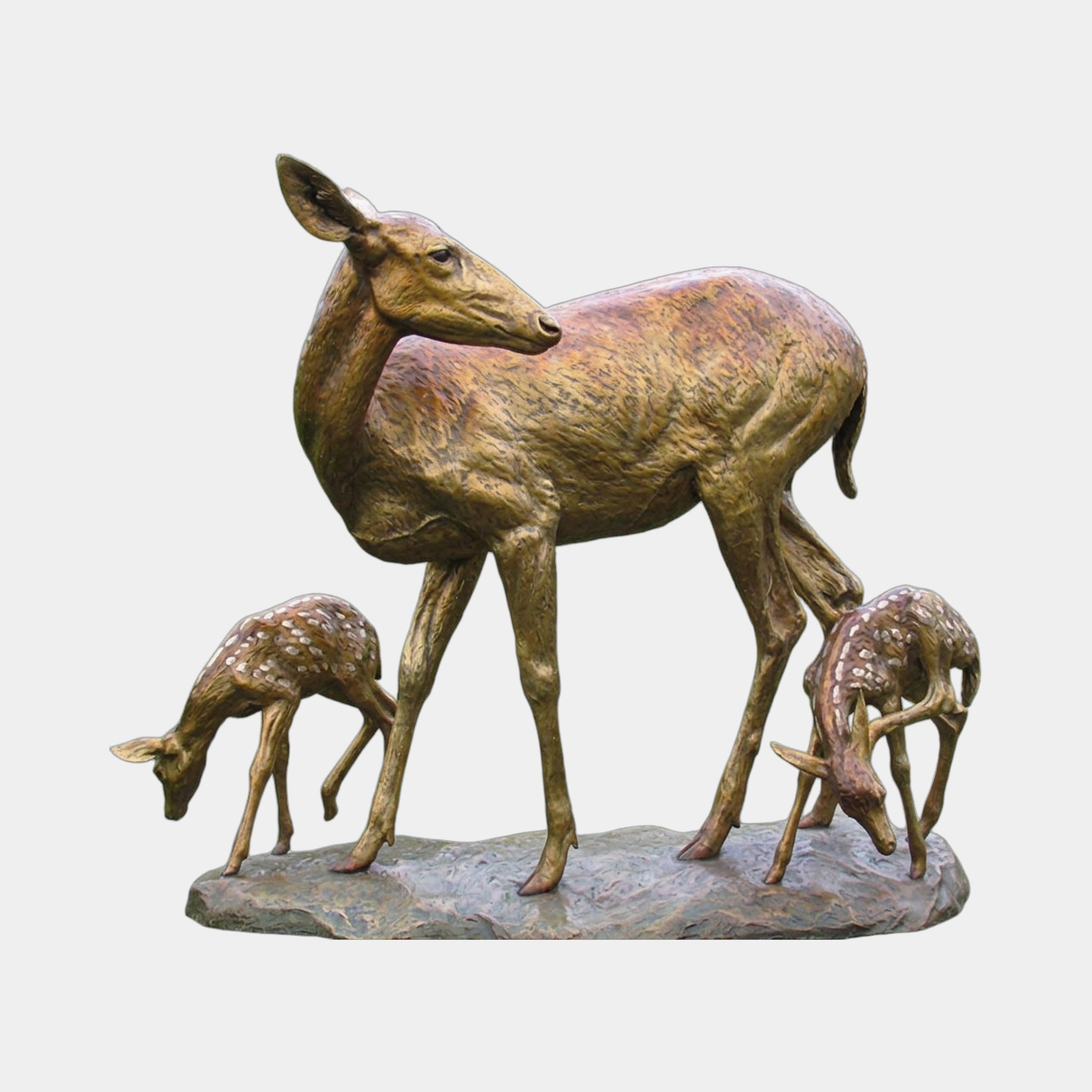 Life-Size Doe and Fawns Bronze Sculpture by Giant Sculptures, showing a standing doe with two spotted grazing fawns on a stone-effect base.
