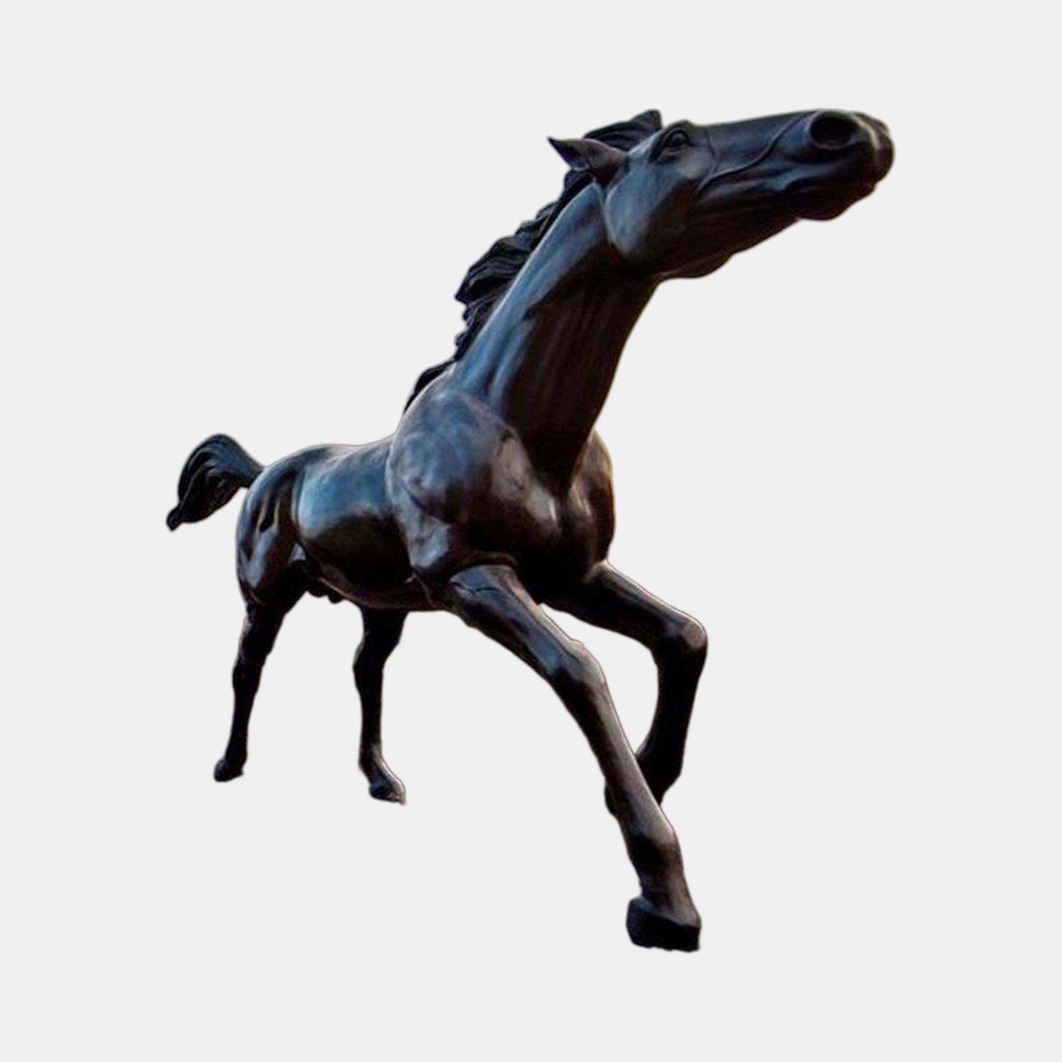 Life-Size Galloping Horse Bronze Sculpture 185cm by Giant Sculptures, shown mid-stride with head raised and dark patina finish against a plain light background.