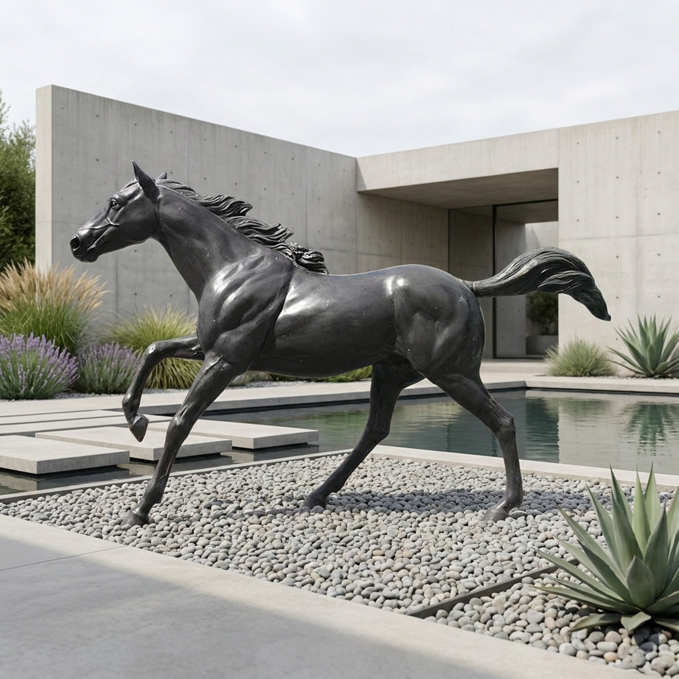 Life-Size Galloping Horse Bronze Sculpture by Giant Sculptures in black-brown patina, mid-stride on pebbles beside a reflecting pool at a concrete courtyard.