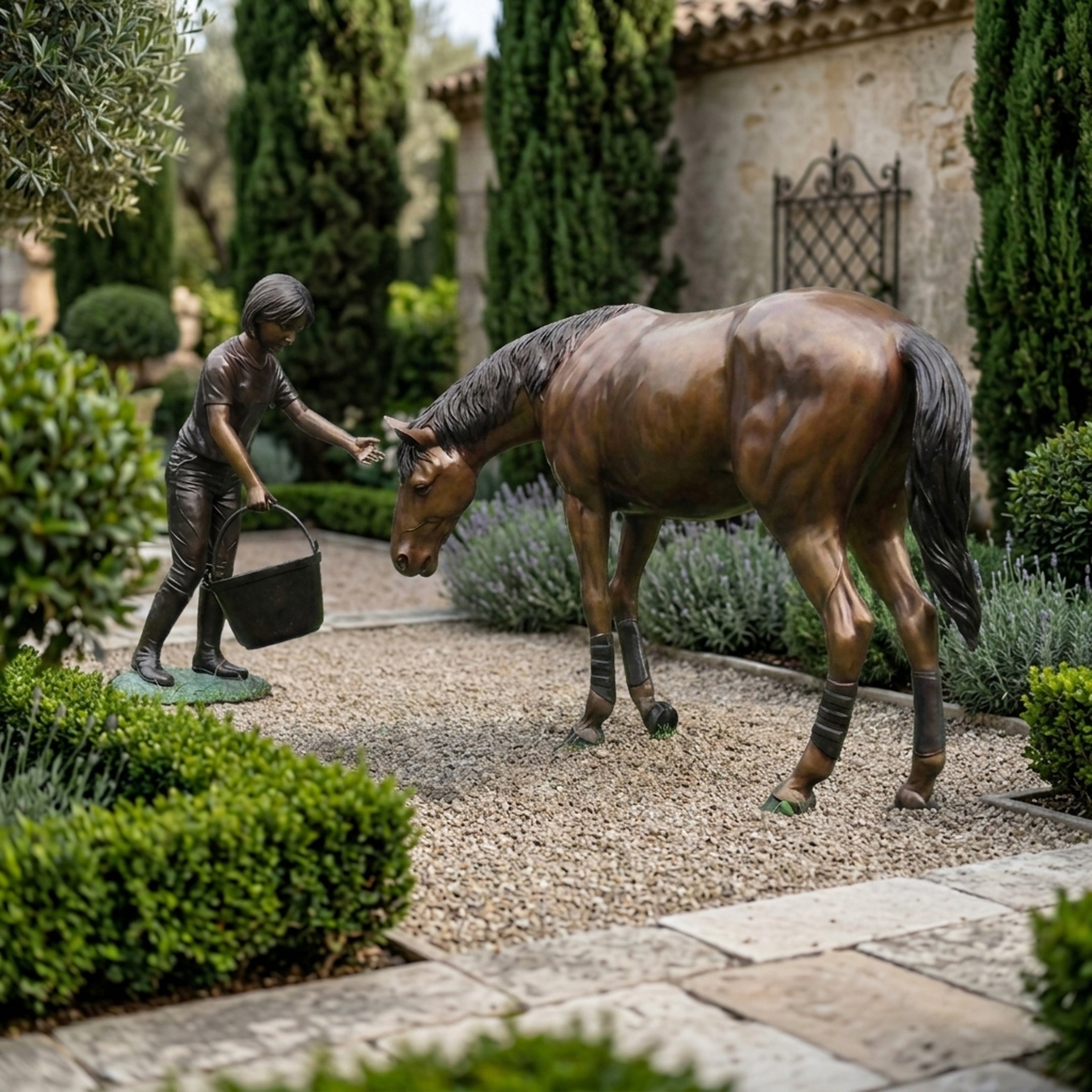 Life-Size Girl Feeding Horse Bronze Sculpture by Giant Sculptures shown in a Mediterranean gravel garden with cypress trees, the girl holding a bucket and offering her hand to the lowered head of the horse.