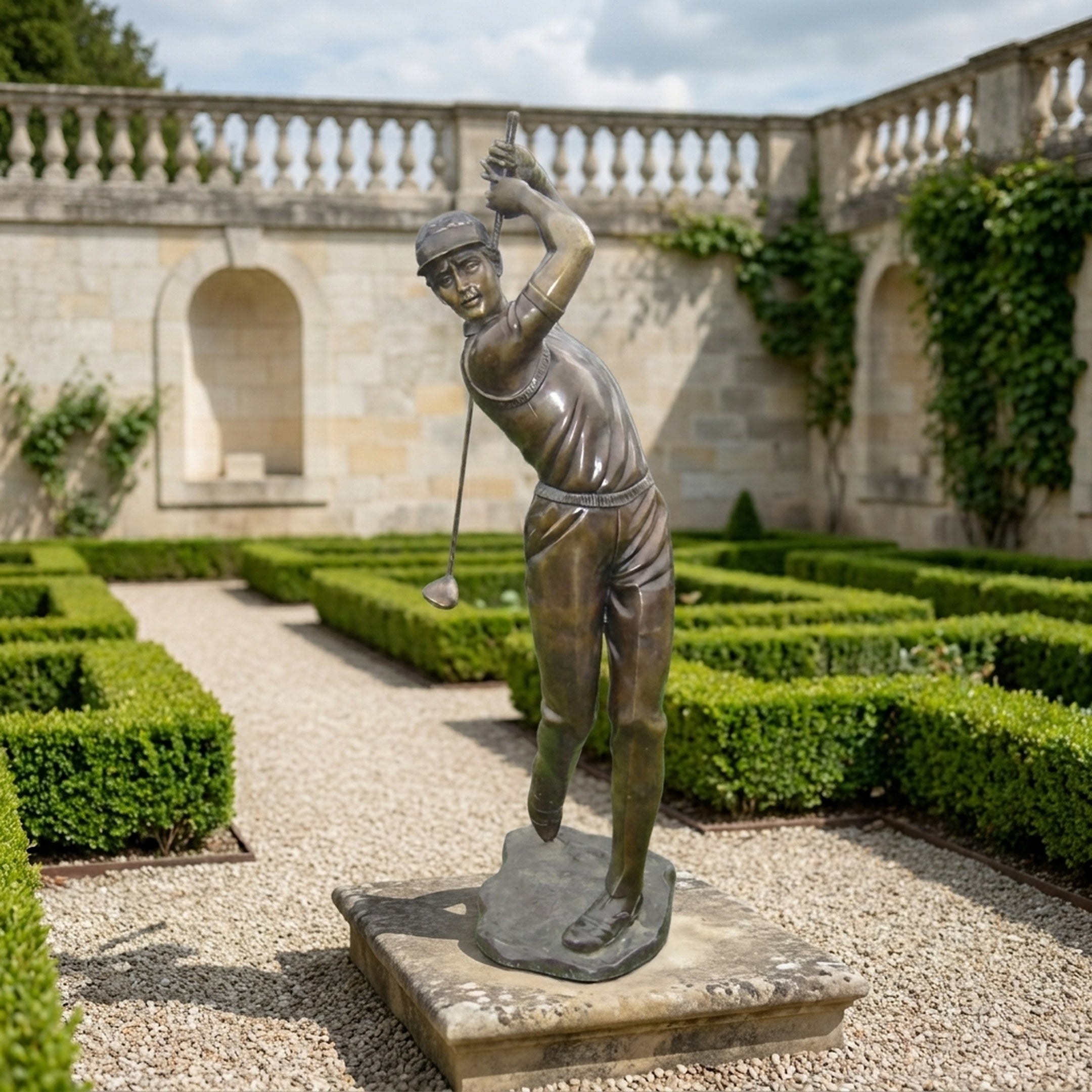 Life-Size Golfer Mid-Swing Bronze Sculpture by Giant Sculptures shown in follow-through pose on a stone plinth in a formal hedged garden with balustrade.