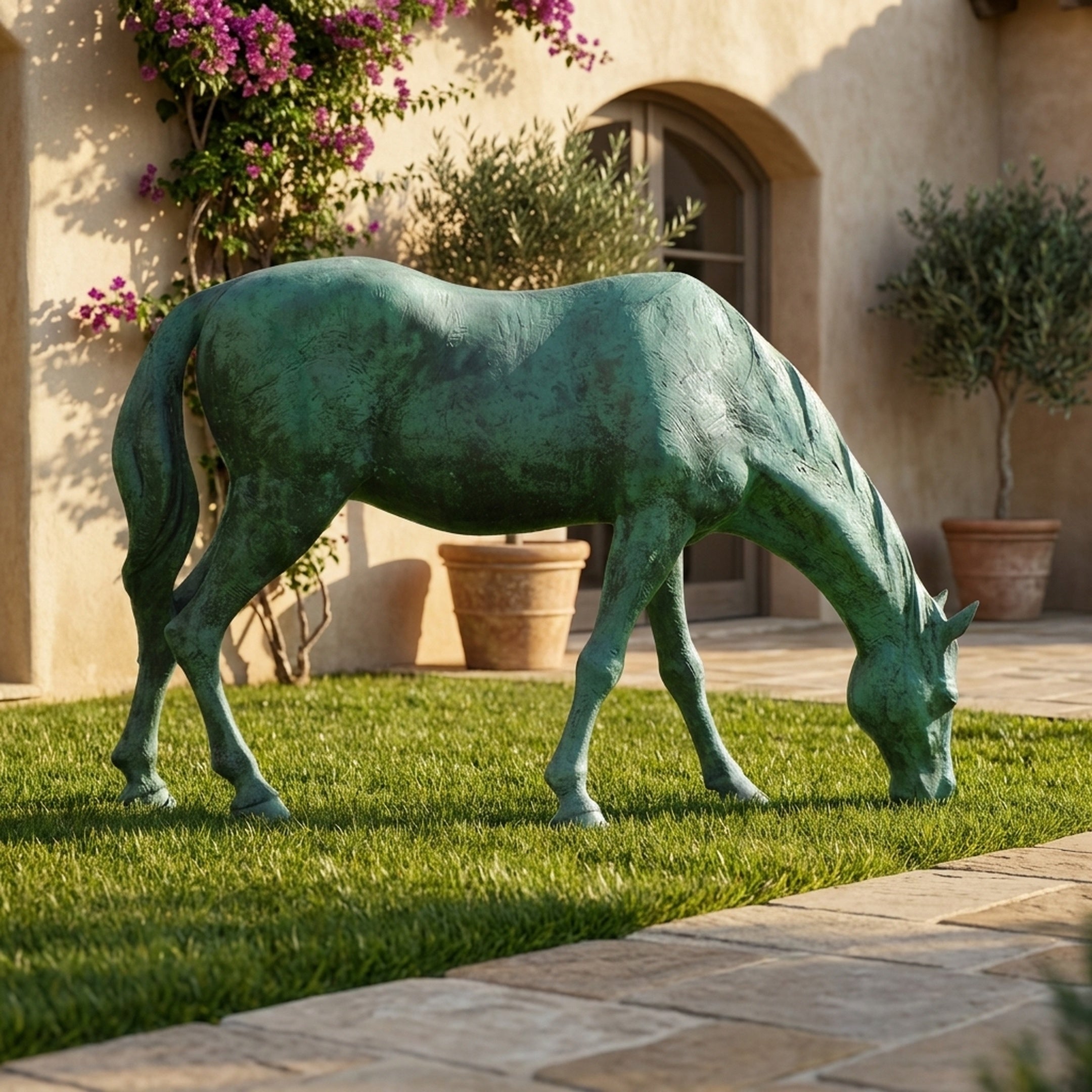 Life-Size Grazing Horse Bronze Sculpture by Giant Sculptures with verdigris patina, shown grazing on a lawn beside a Mediterranean courtyard with bougainvillea.