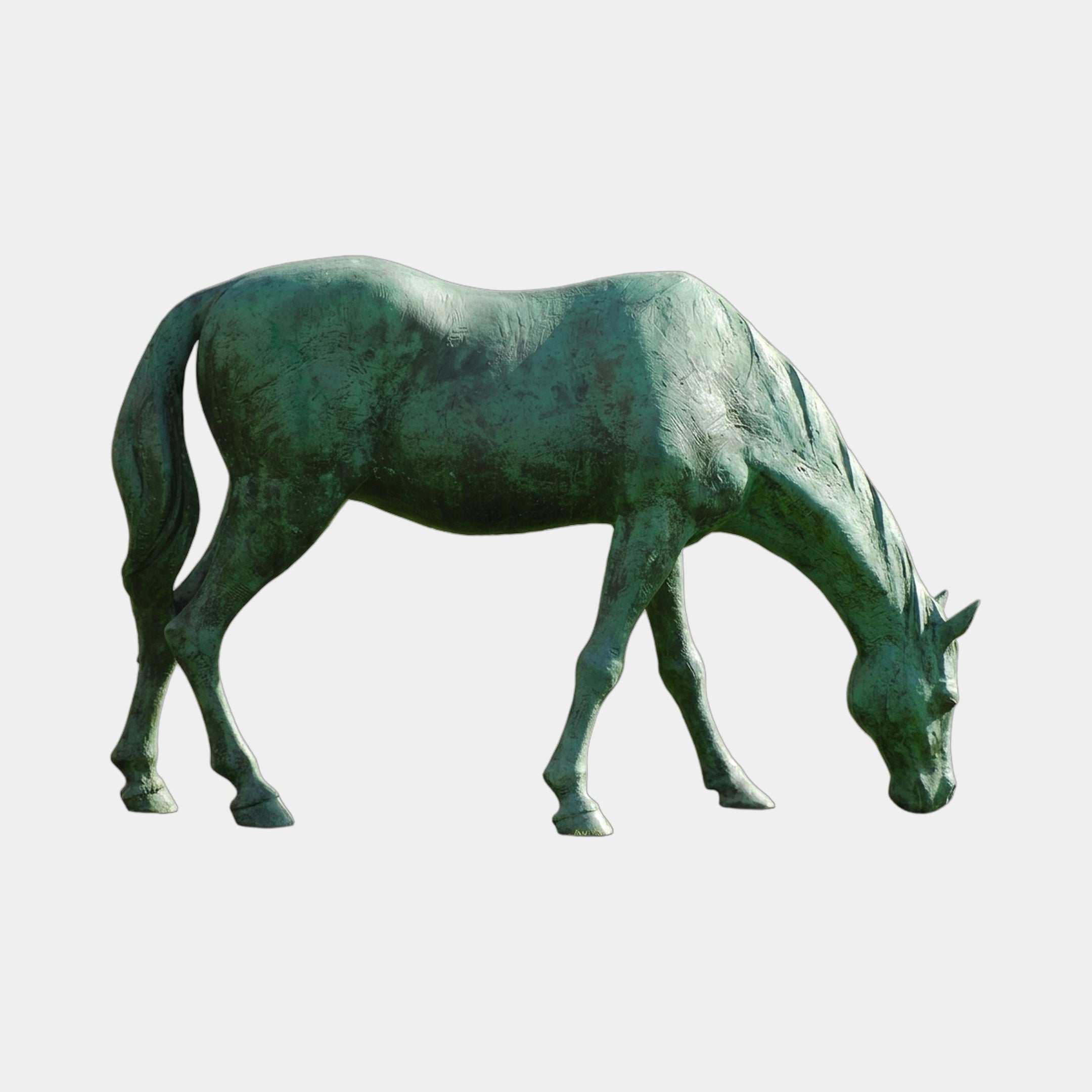 Life-Size Grazing Horse Bronze Sculpture by Giant Sculptures shown in side profile with head lowered, finished in a weathered verdigris patina against a plain background.