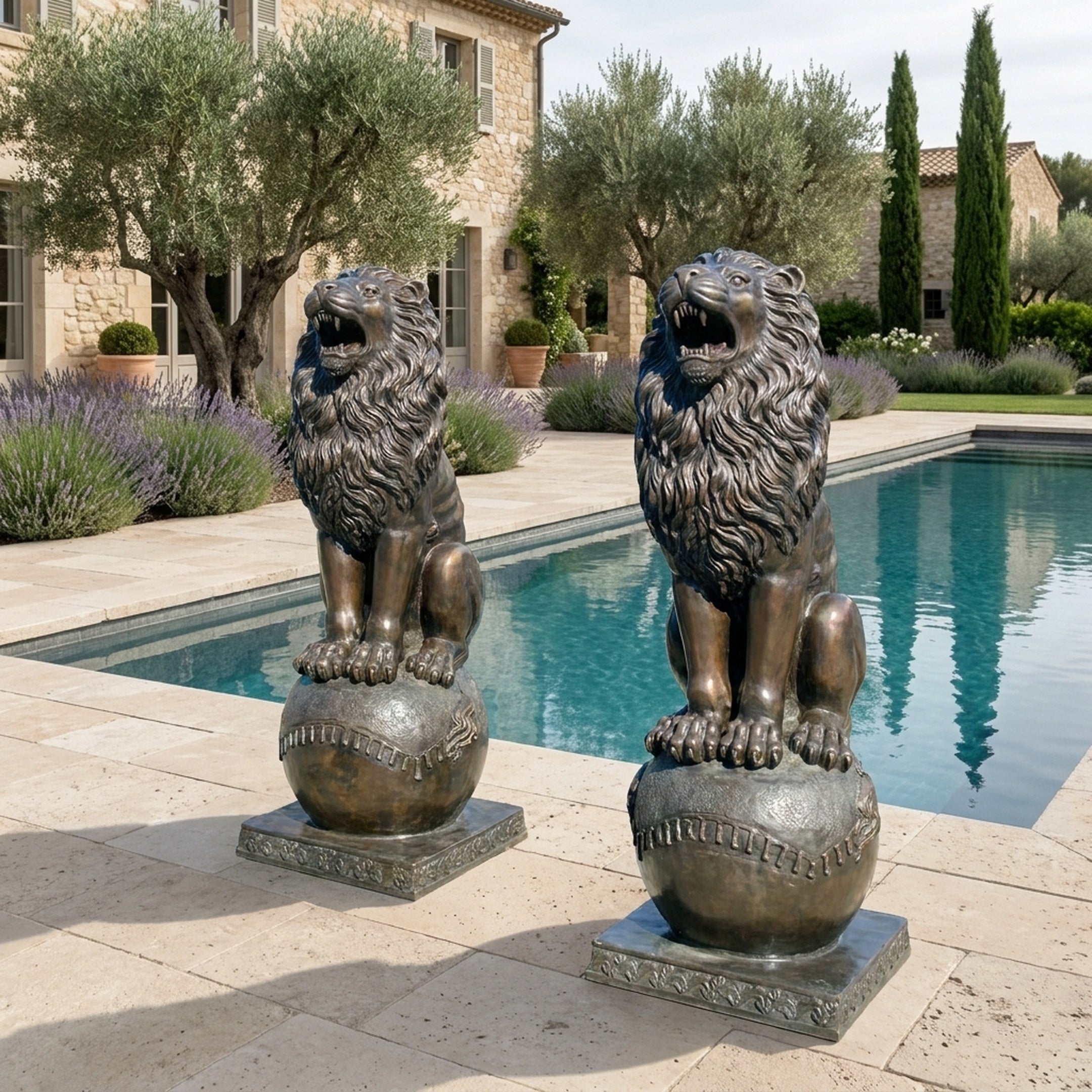 Giant Sculptures Life-Size Heraldic Roaring Lions Bronze Sculpture Pair in dark antique patina, paws on decorative spheres, flanking a poolside terrace.