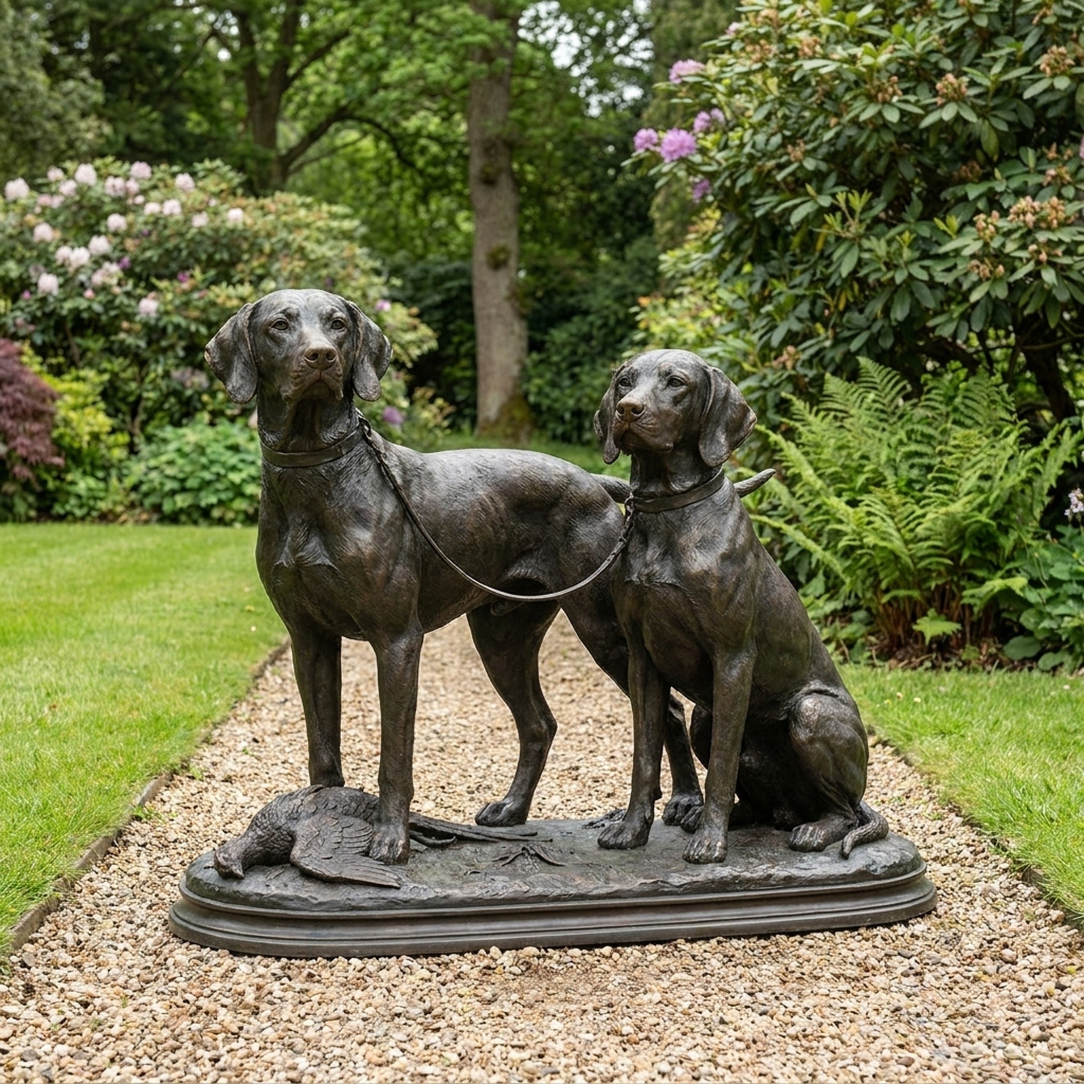 Life-Size Hunting Dogs Bronze Sculpture by Giant Sculptures on a gravel garden path, showing one standing and one seated hound with a game bird at their feet.