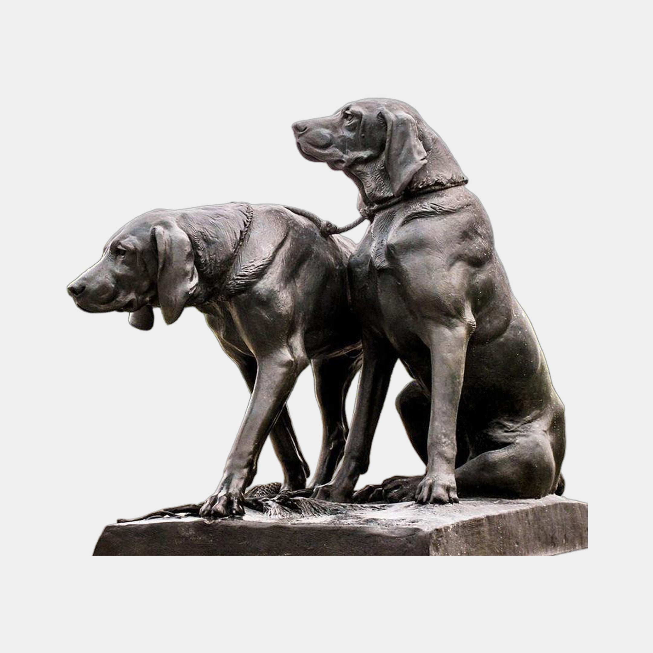 Life-Size Hunting Dogs Bronze Sculpture by Giant Sculptures, 220cm, two dark-patinated hounds, one standing alert and one seated, on a rectangular base.