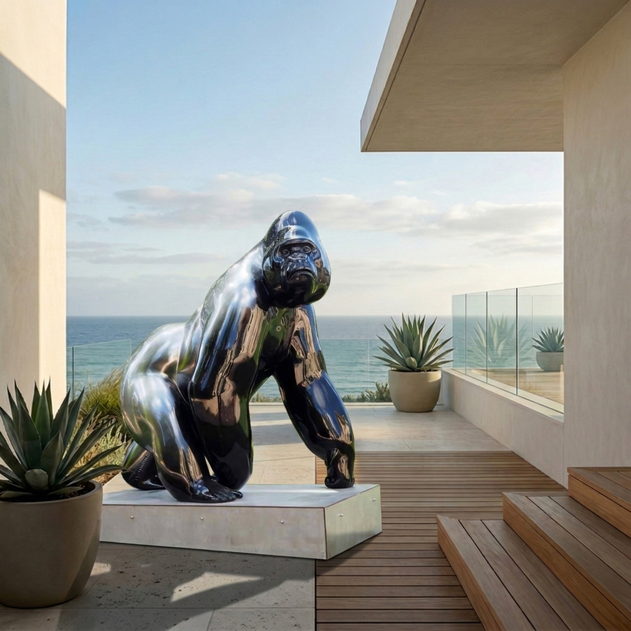 Life-Size Knuckle-Walking Gorilla Bronze Sculpture in mirror-polished black on a low metal plinth, displayed on an oceanview terrace beside agave planters.