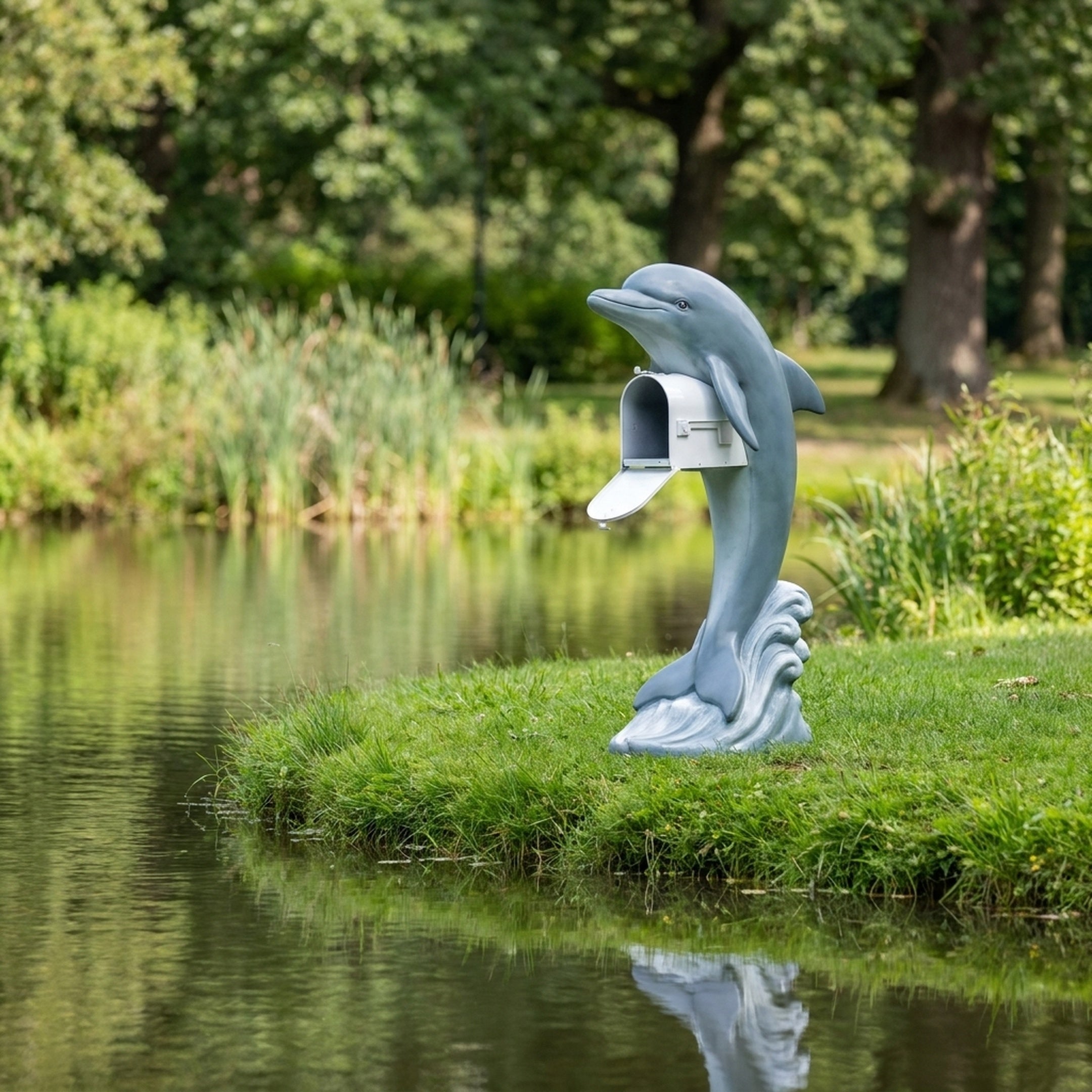 Life-Size Leaping Dolphin Bronze Sculpture with Mailbox in matte grey-blue finish, displayed on a grassy bank beside a tranquil pond with trees behind.