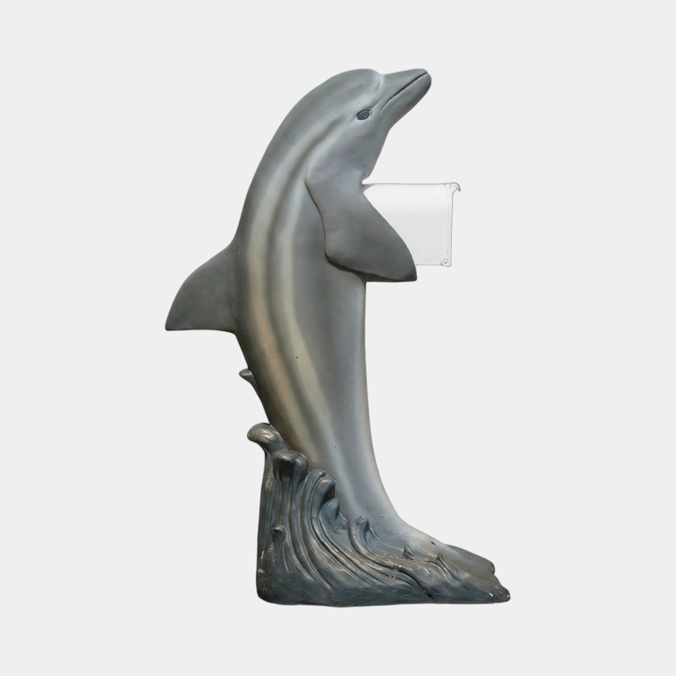 Giant Sculptures Life-Size Leaping Dolphin Bronze Sculpture with Mailbox at 180cm, grey-blue patina, arched on a wave base with white mailbox at mid-body.