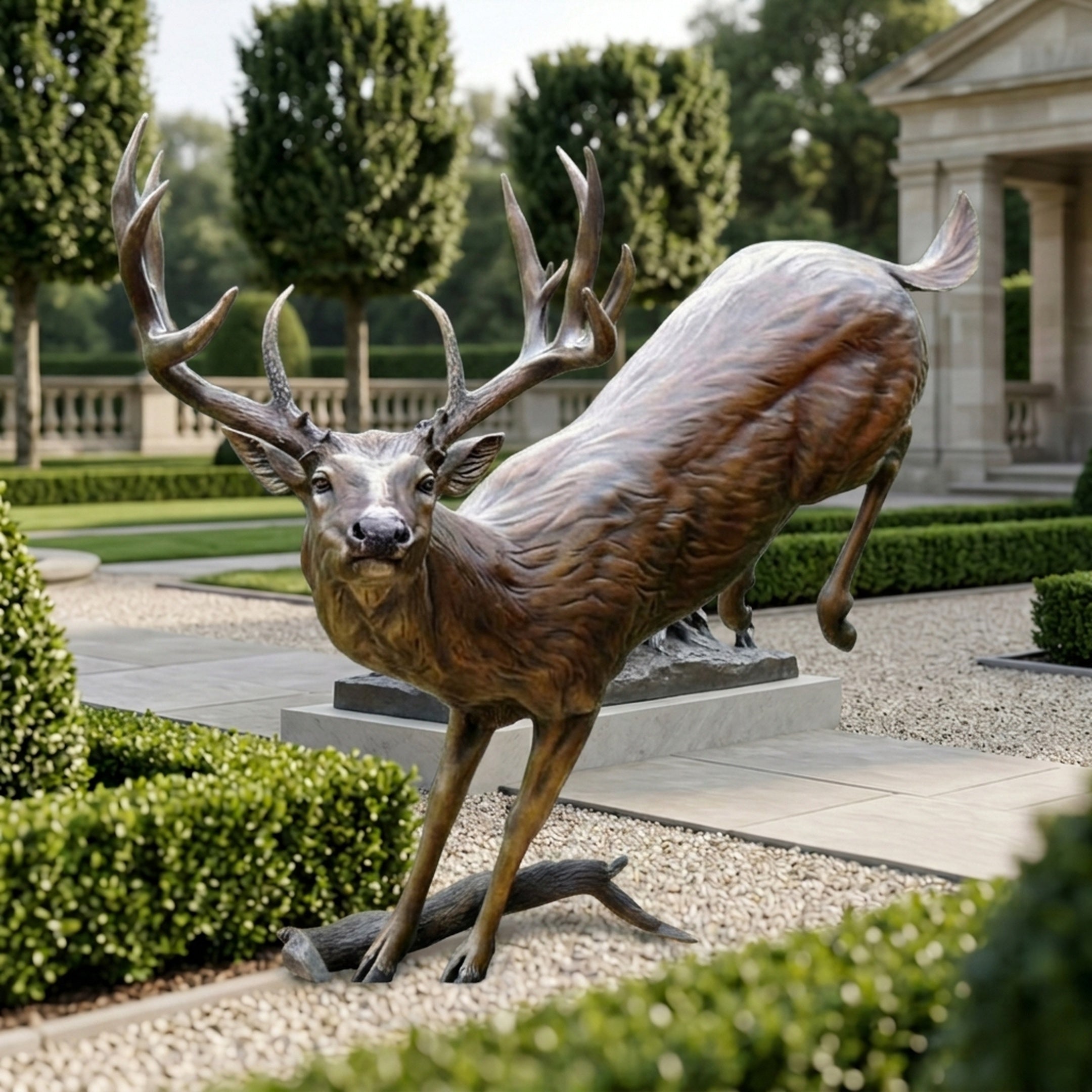 Life-Size Leaping Whitetail Buck Bronze Sculpture by Giant Sculptures in mid-leap with wide antlers, displayed on gravel in a formal hedged garden.