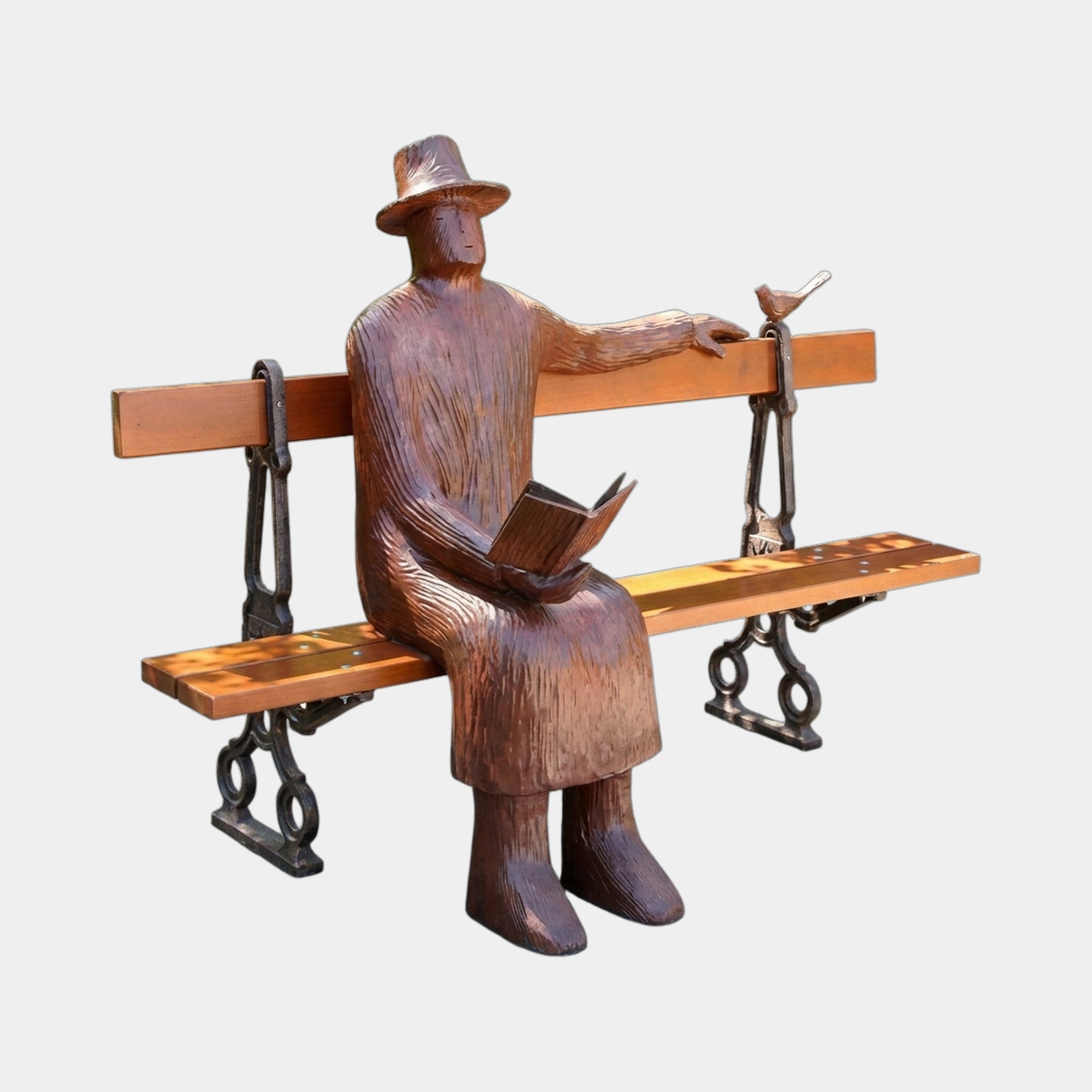 Life-Size Modern Seated Reader Bronze Sculpture by Giant Sculptures, a hatted figure with book and a small bird on the bench, shown on a plain background.
