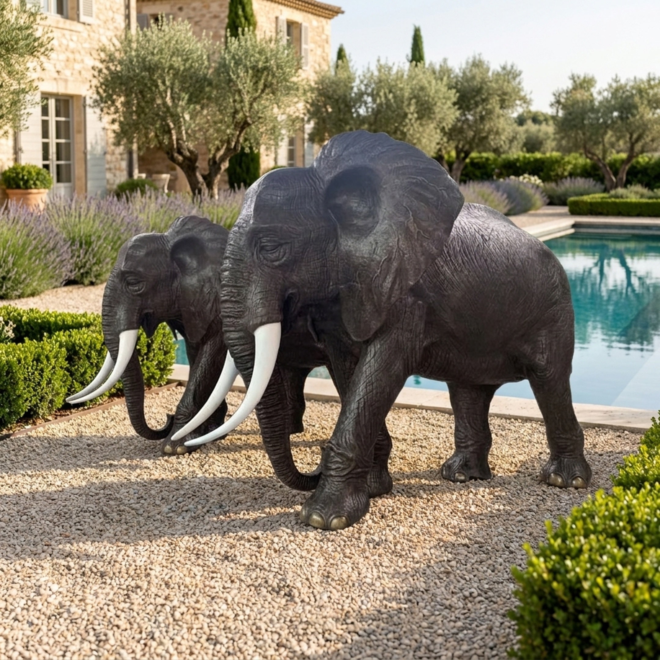 Life-Size Pair of African Elephants Bronze Sculpture by Giant Sculptures with dark patina and ivory-white tusks, displayed on gravel beside a poolside garden.
