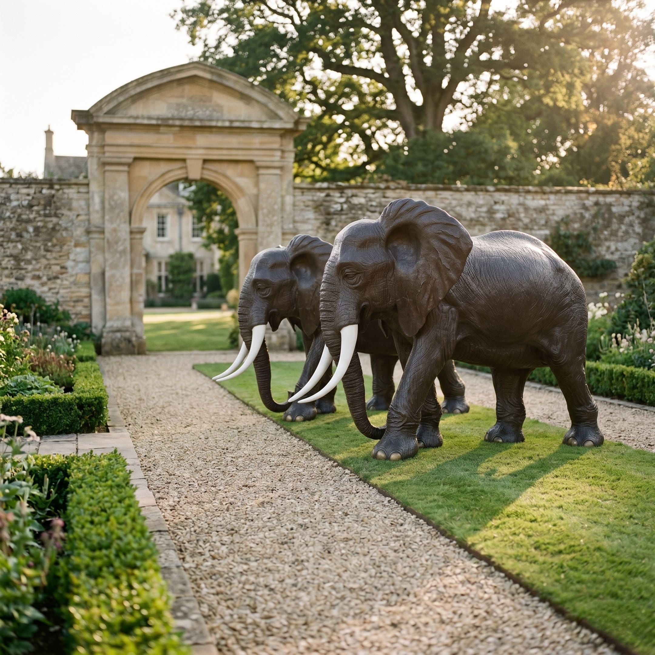 Life-Size Pair of African Elephants Bronze Sculpture by Giant Sculptures, dark patina with ivory-white tusks, displayed on lawn beside a gravel path and stone archway.
