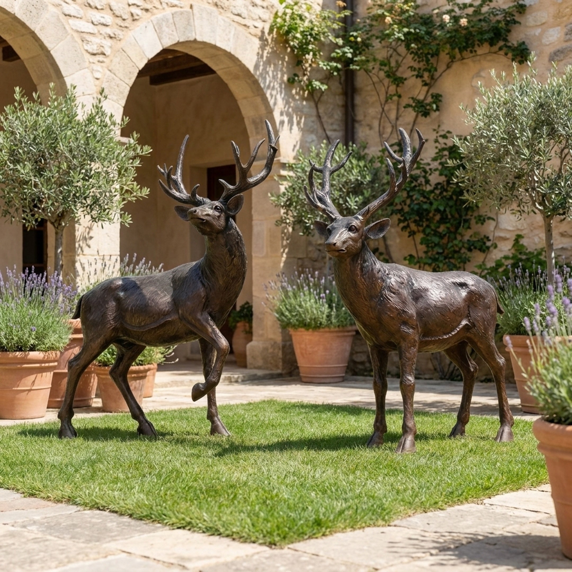 Life-Size Pair of Stags Bronze Sculpture 240cm by Giant Sculptures, dark patina deer with full antlers displayed on a lawn in a stone courtyard with lavender.