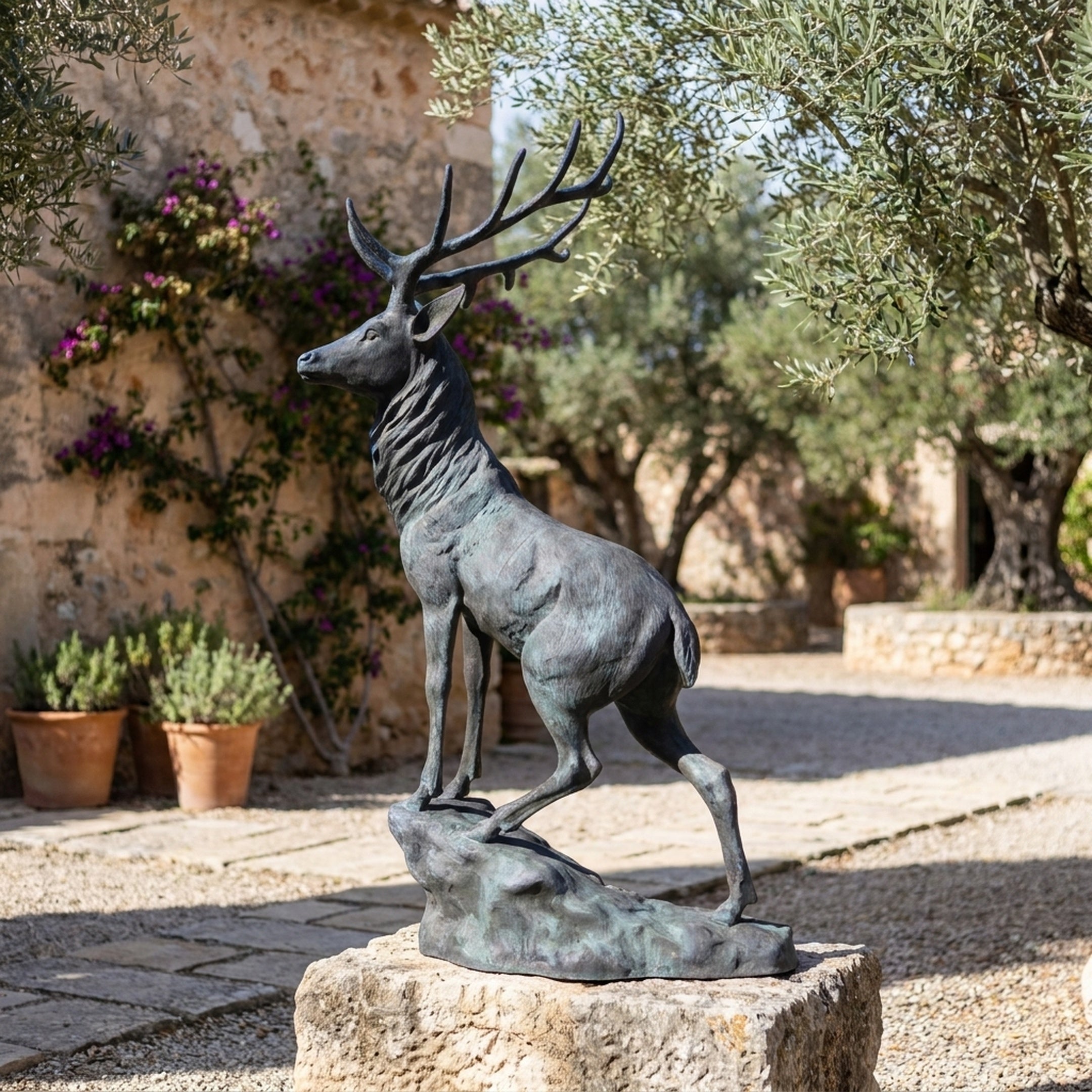 Life-Size Rearing Stag Bronze Sculpture by Giant Sculptures with verdigris patina, displayed on a stone plinth in a Mediterranean courtyard with olive trees.