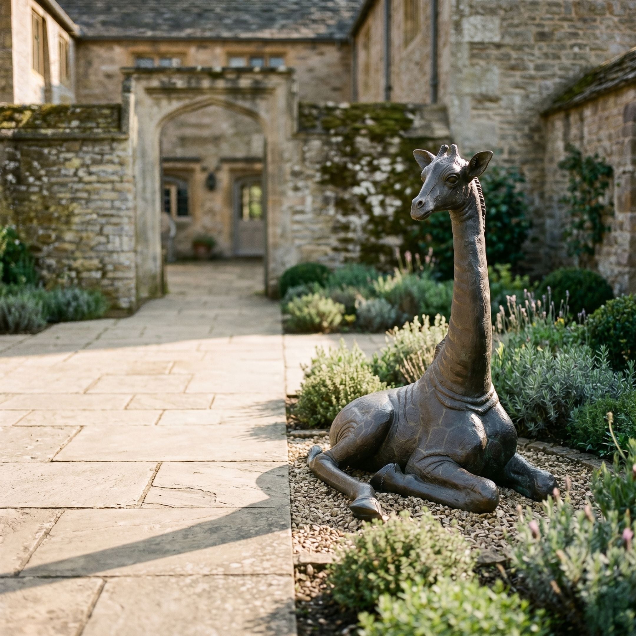 Life-Size Resting Baby Giraffe Bronze Sculpture by Giant Sculptures in dark brown patina, folded-leg pose on gravel beside a stone pathway and manor entrance.