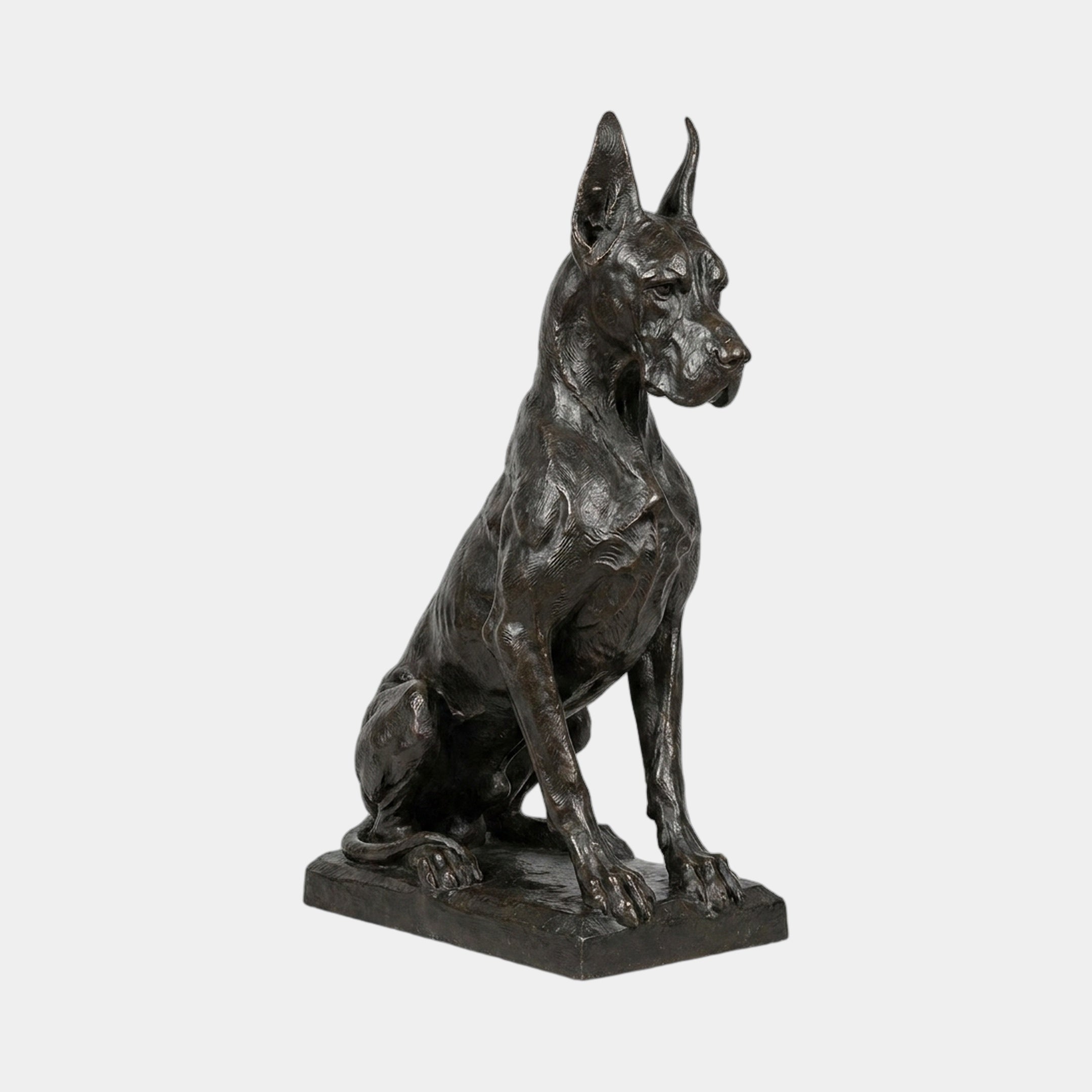 Life-Size Seated Great Dane Dog Bronze Sculpture by Giant Sculptures, shown in profile with erect cropped ears and dark near-black patina on a rectangular base.