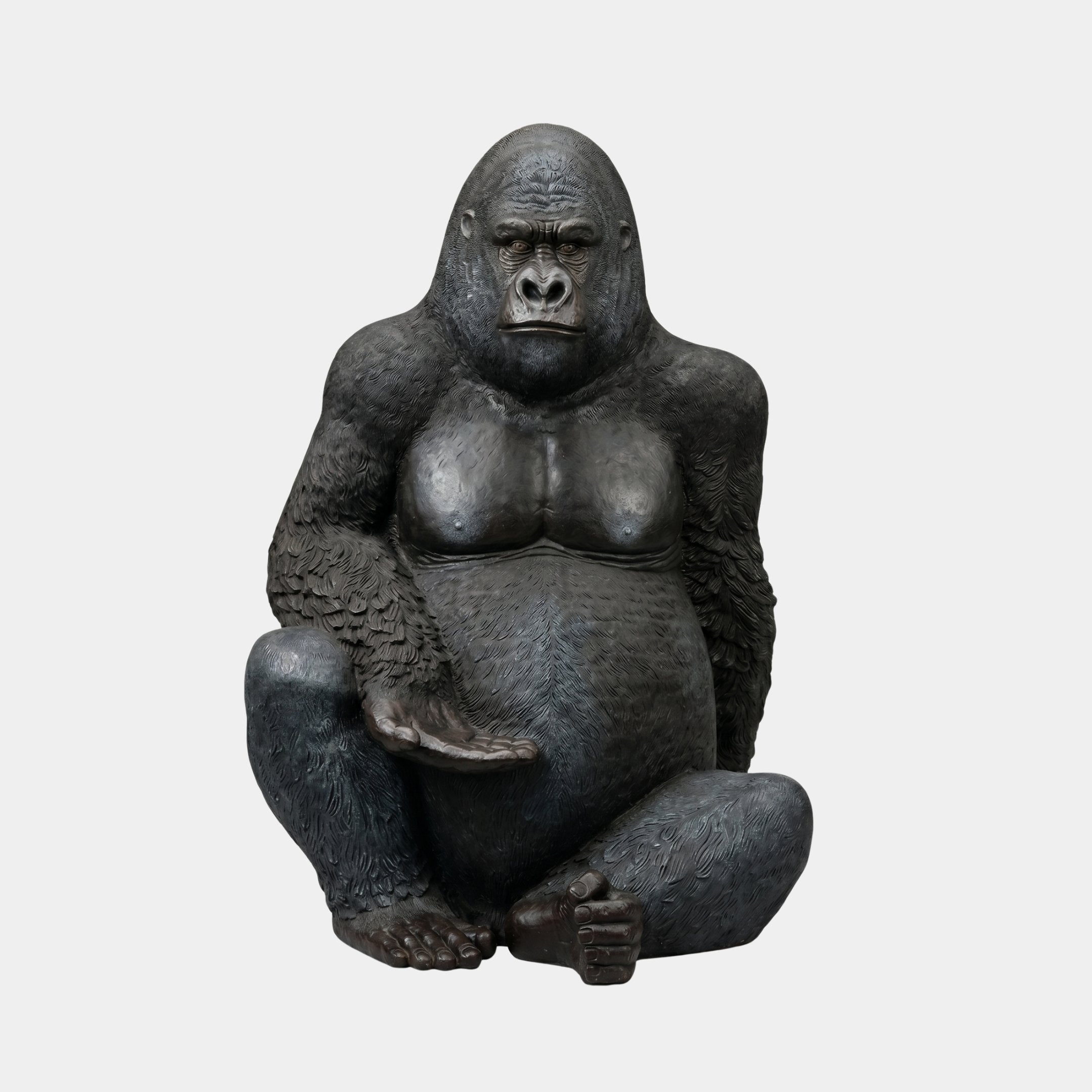 Life-Size Seated Silverback Gorilla Bronze Sculpture by Giant Sculptures, 250cm, shown frontally with deep black patina against a plain light background.