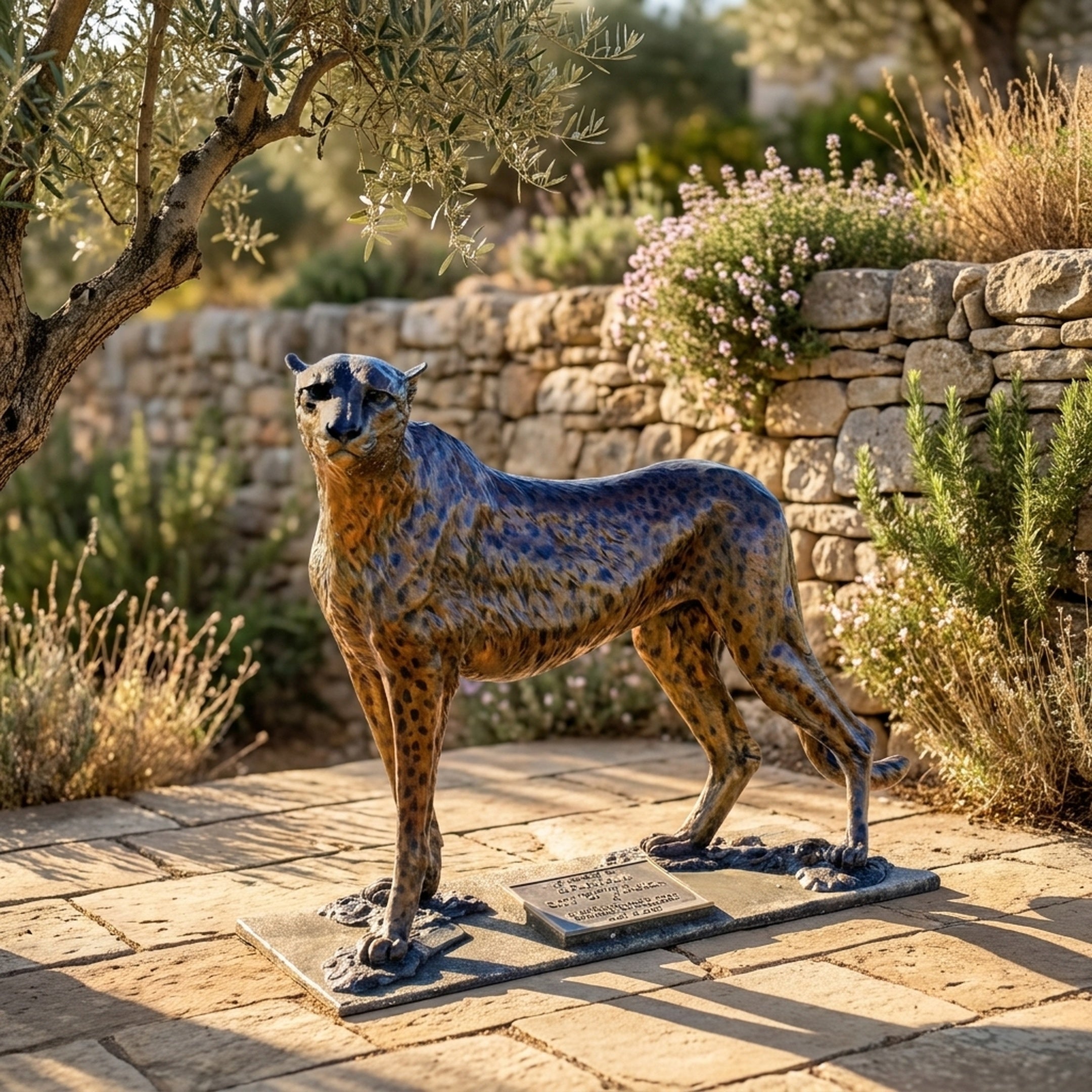 Life-Size Standing Cheetah Bronze Sculpture by Giant Sculptures in golden-tan and dark spotted patina, displayed on stone paving beside an olive tree and dry-stone wall.