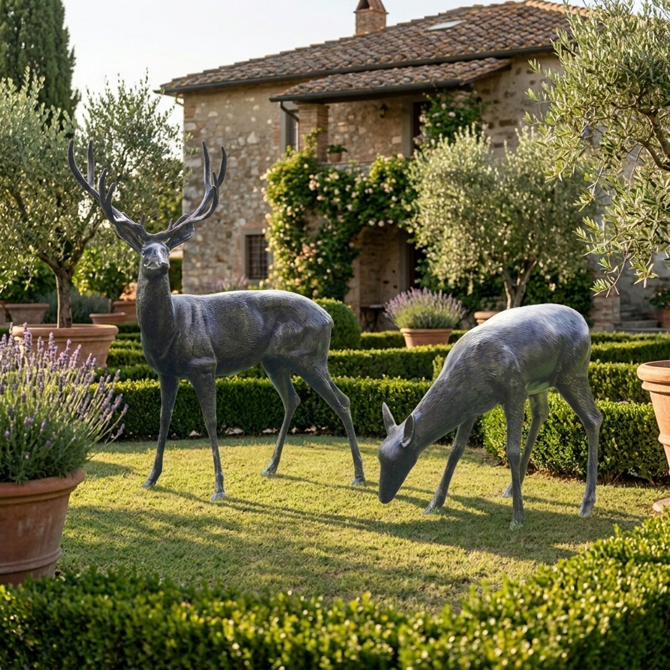 Life-Size Standing Stag and Grazing Doe Bronze Sculpture by Giant Sculptures on a lawn beside clipped hedges and lavender at a Tuscan stone villa.