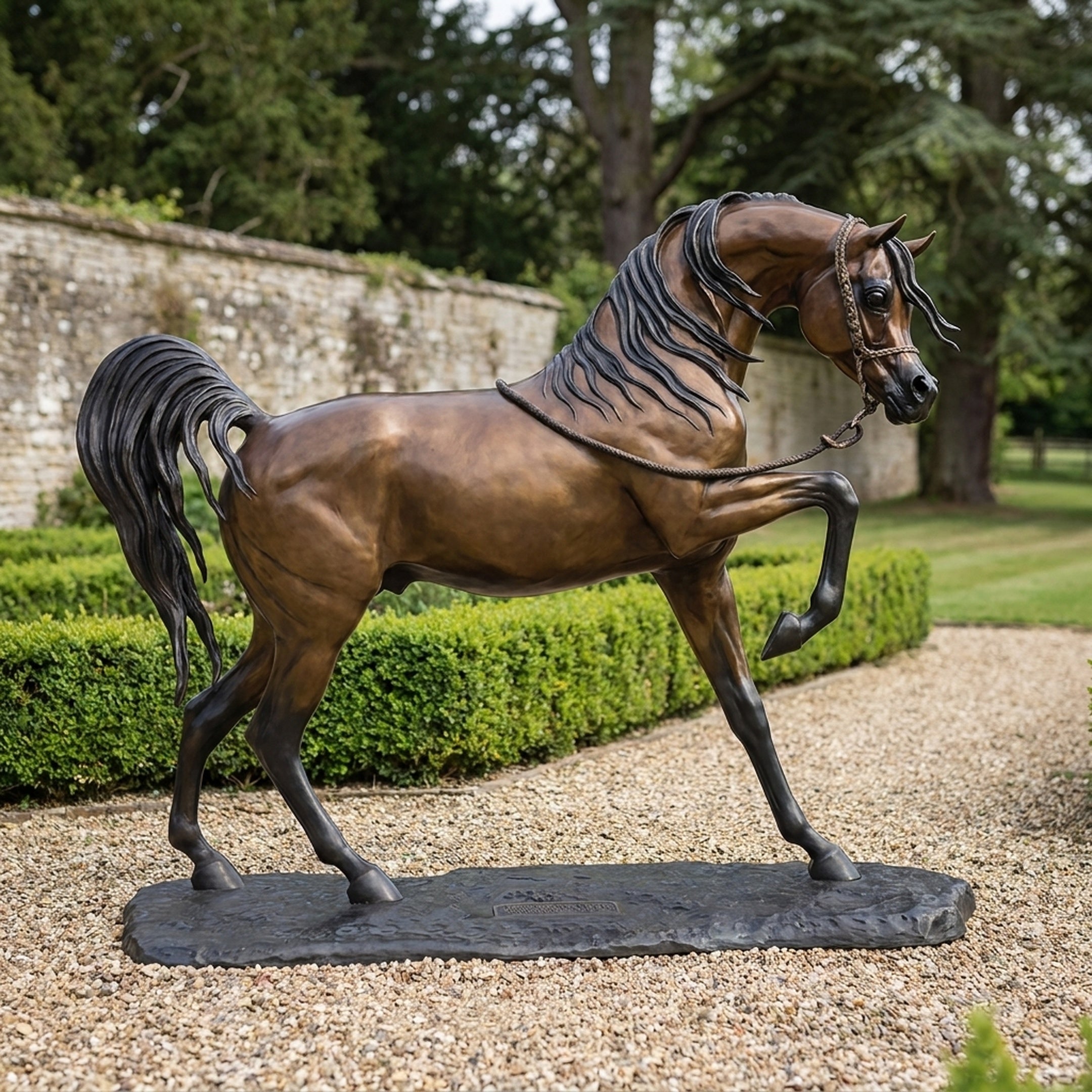 Life-Size Traditional Arabian Horse Bronze Sculpture by Giant Sculptures, foreleg raised in mid-stride with two-tone brown and black patina, set on a gravel garden path.