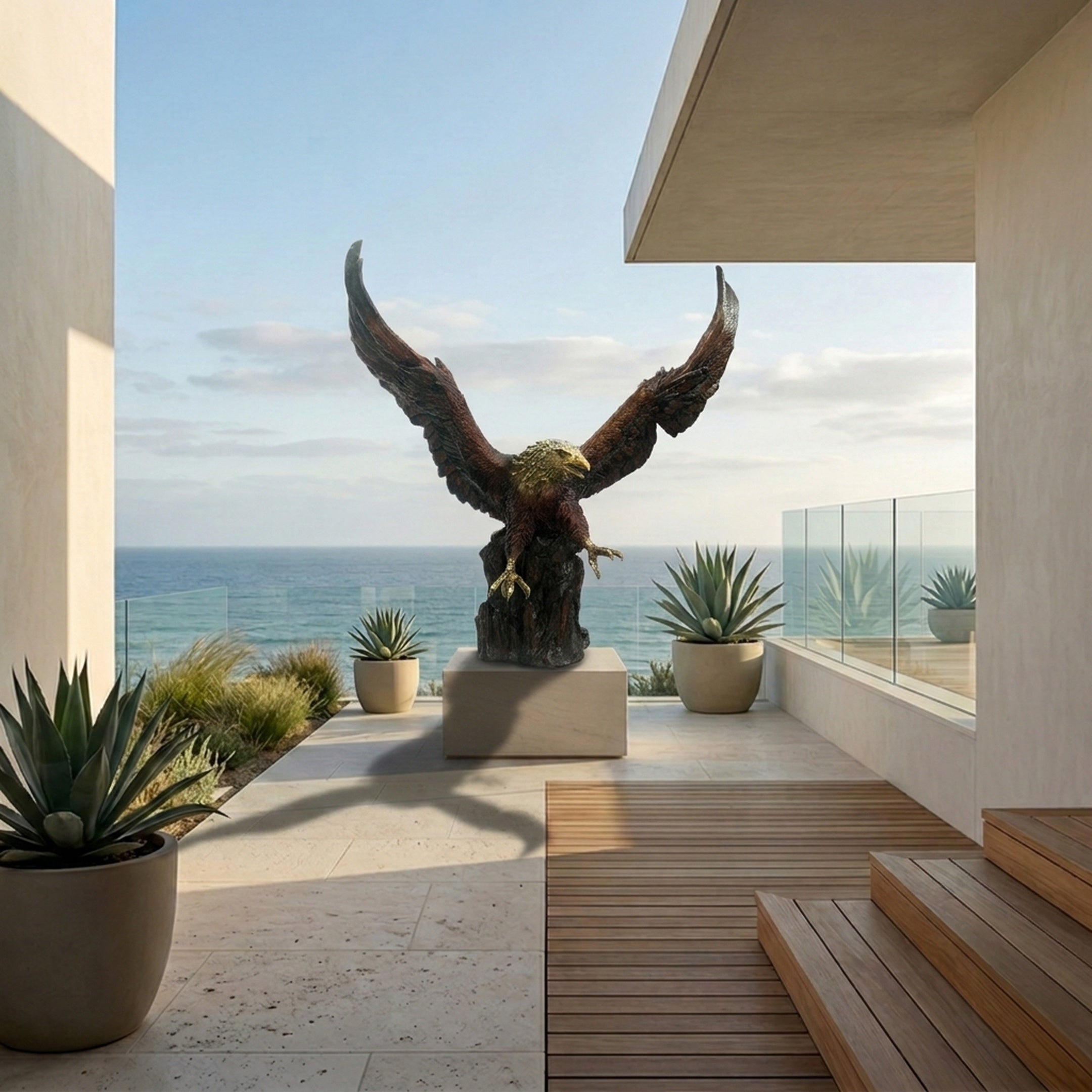 Life-Size Traditional Bald Eagle Bronze Sculpture by Giant Sculptures with wings spread on a pale plinth, displayed on an oceanfront terrace with agave planters.