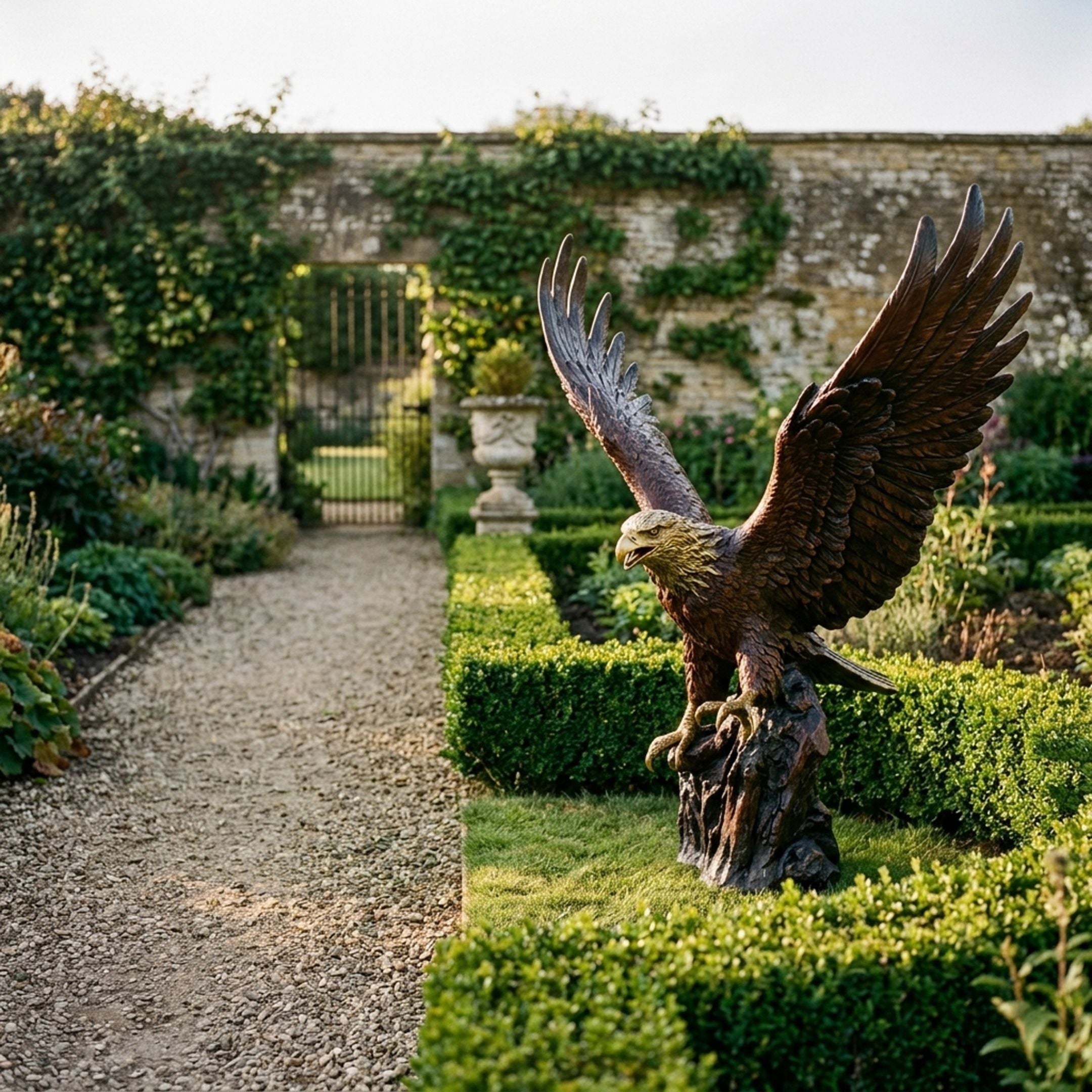 Life-Size Traditional Bald Eagle Bronze Sculpture by Giant Sculptures with wings raised, set on grass beside a gravel path in a walled garden with box hedges.