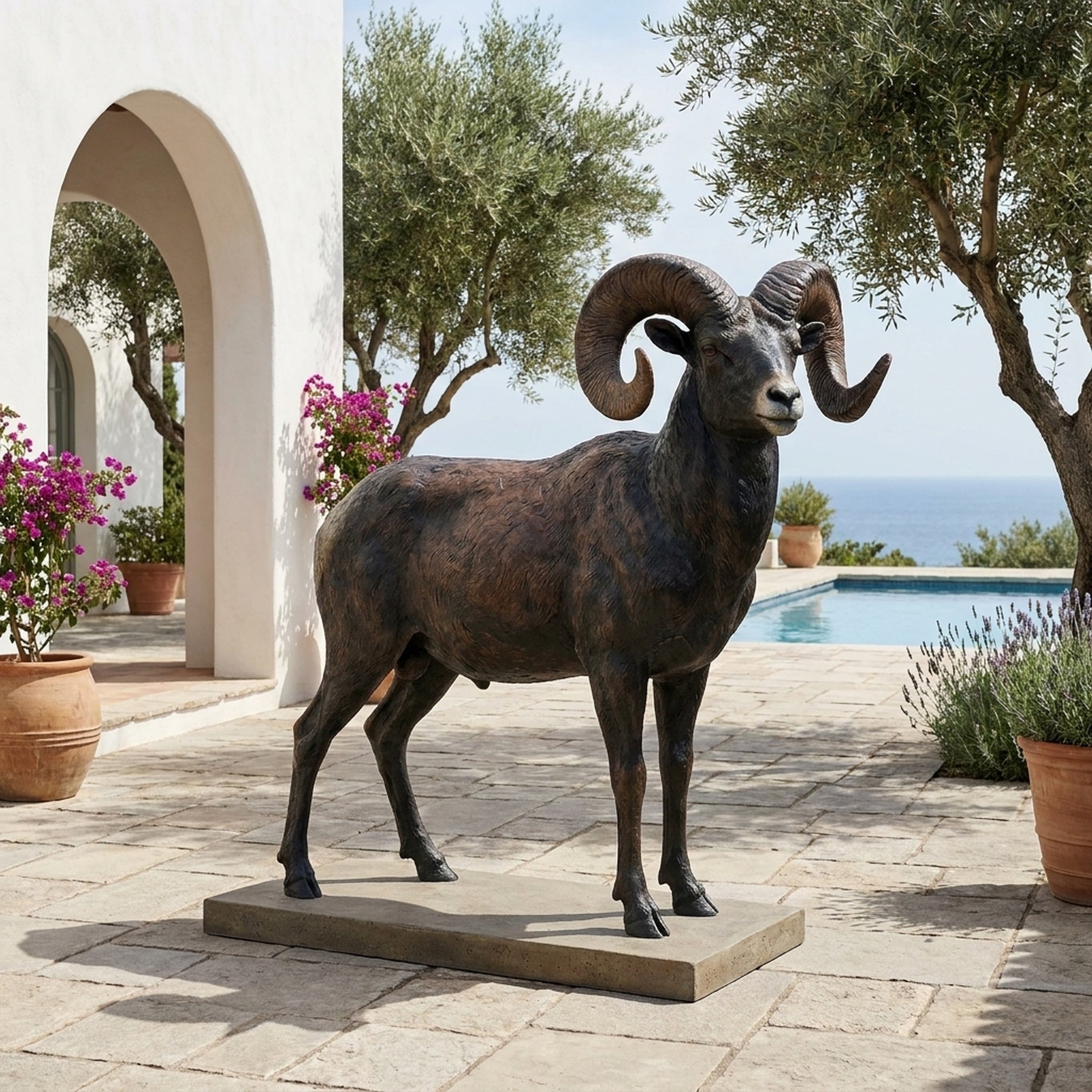 Life-Size Traditional Bighorn Ram Bronze Sculpture by Giant Sculptures with curled horns on a stone base, displayed on a Mediterranean poolside terrace.