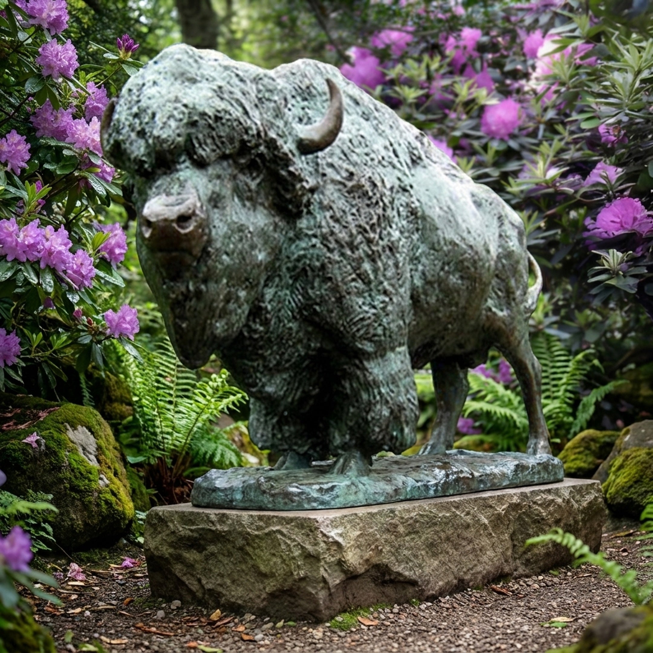 Life-Size Traditional Bison Bronze Sculpture by Giant Sculptures with verdigris patina, displayed on a stone plinth among ferns and purple rhododendrons.