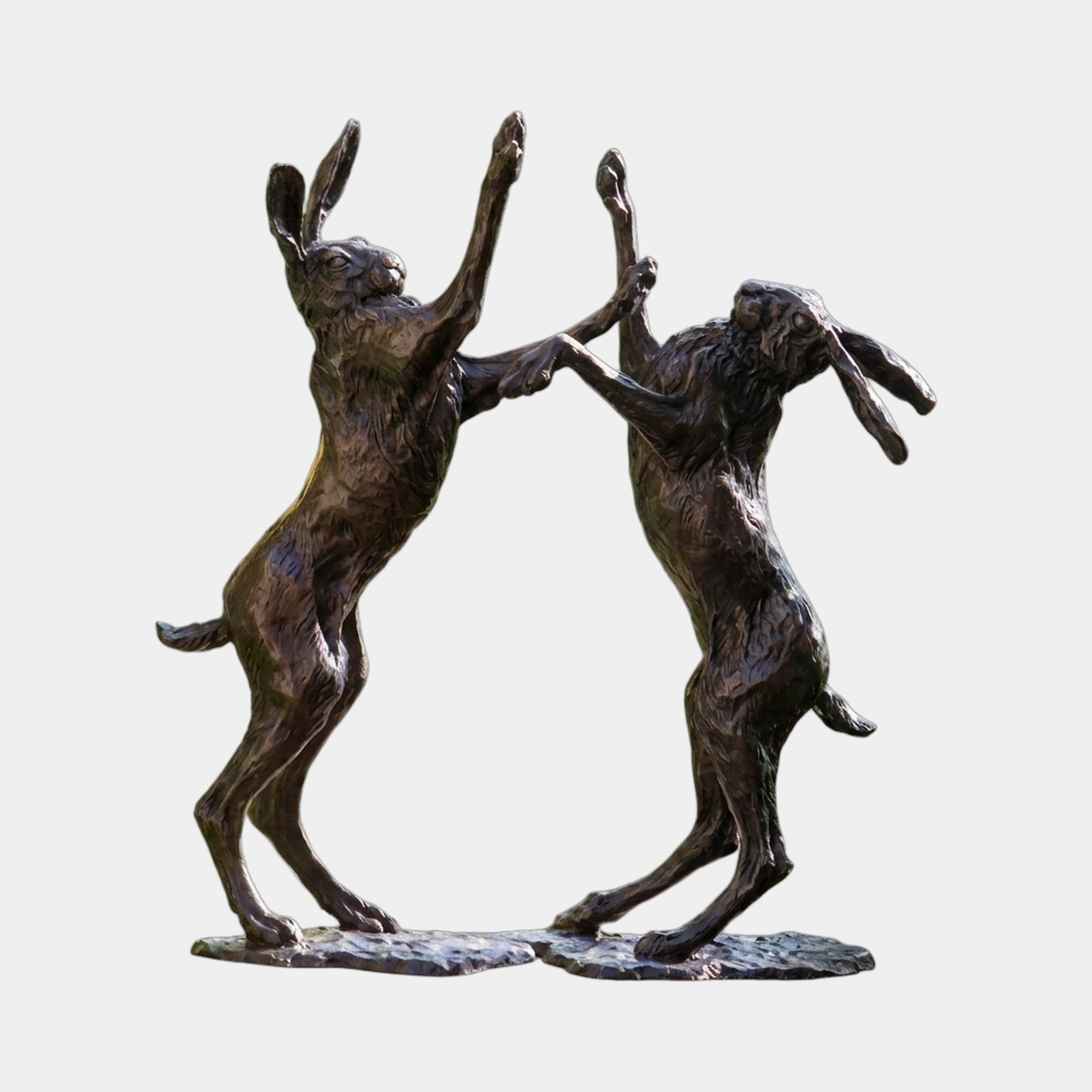 Giant Sculptures Life-Size Traditional Boxing Hares Bronze Sculpture 80cm, two rearing hares with raised forepaws and dark brown patina, on plain background.