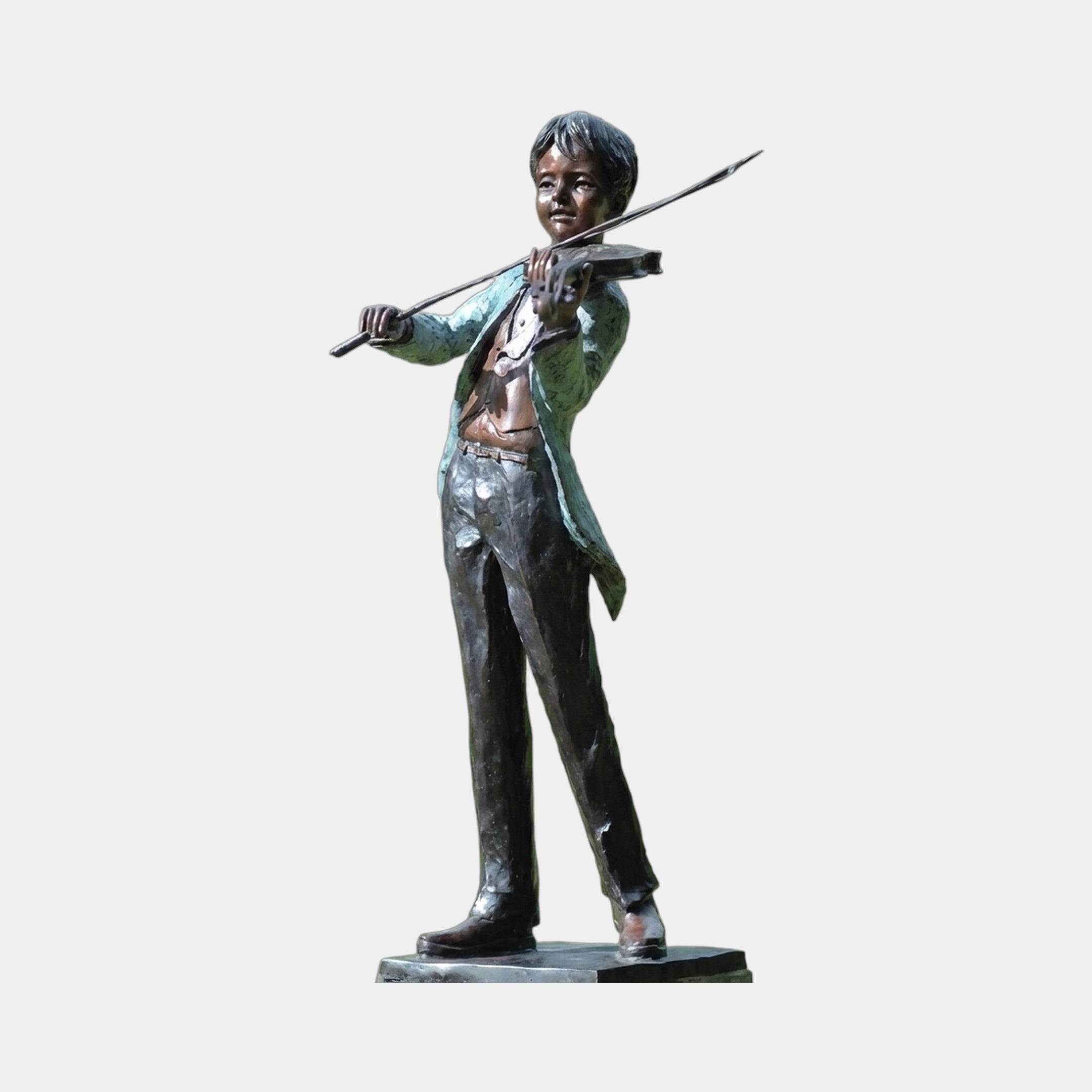 Life-Size Traditional Boy Violinist Bronze Statue by Giant Sculptures, shown mid-performance with bow extended and verdigris jacket over dark patina trousers.