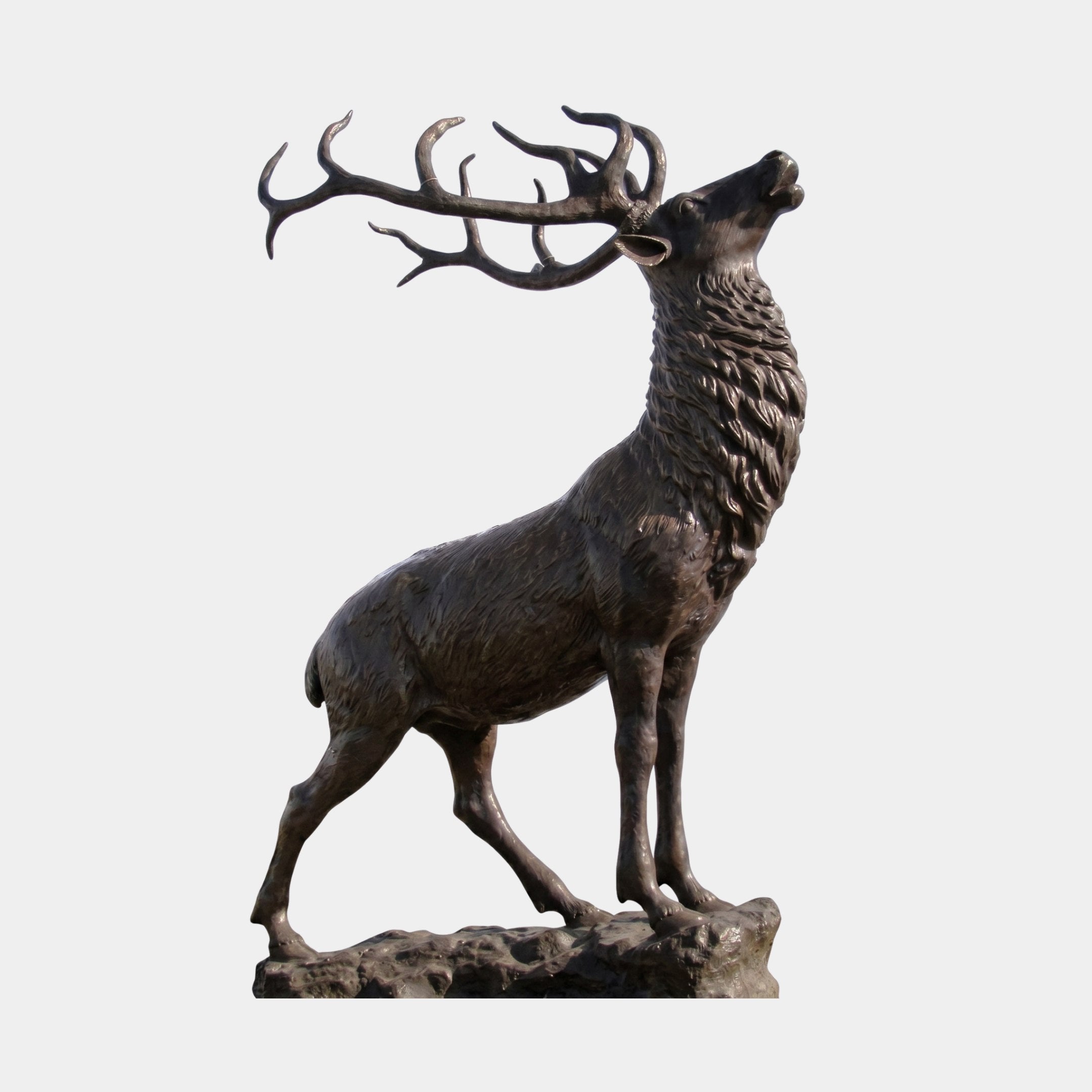 Giant Sculptures Life-Size Traditional Bugling Stag Bronze Sculpture 260cm, side view with head raised, mouth open, and wide antlers, dark patina finish.
