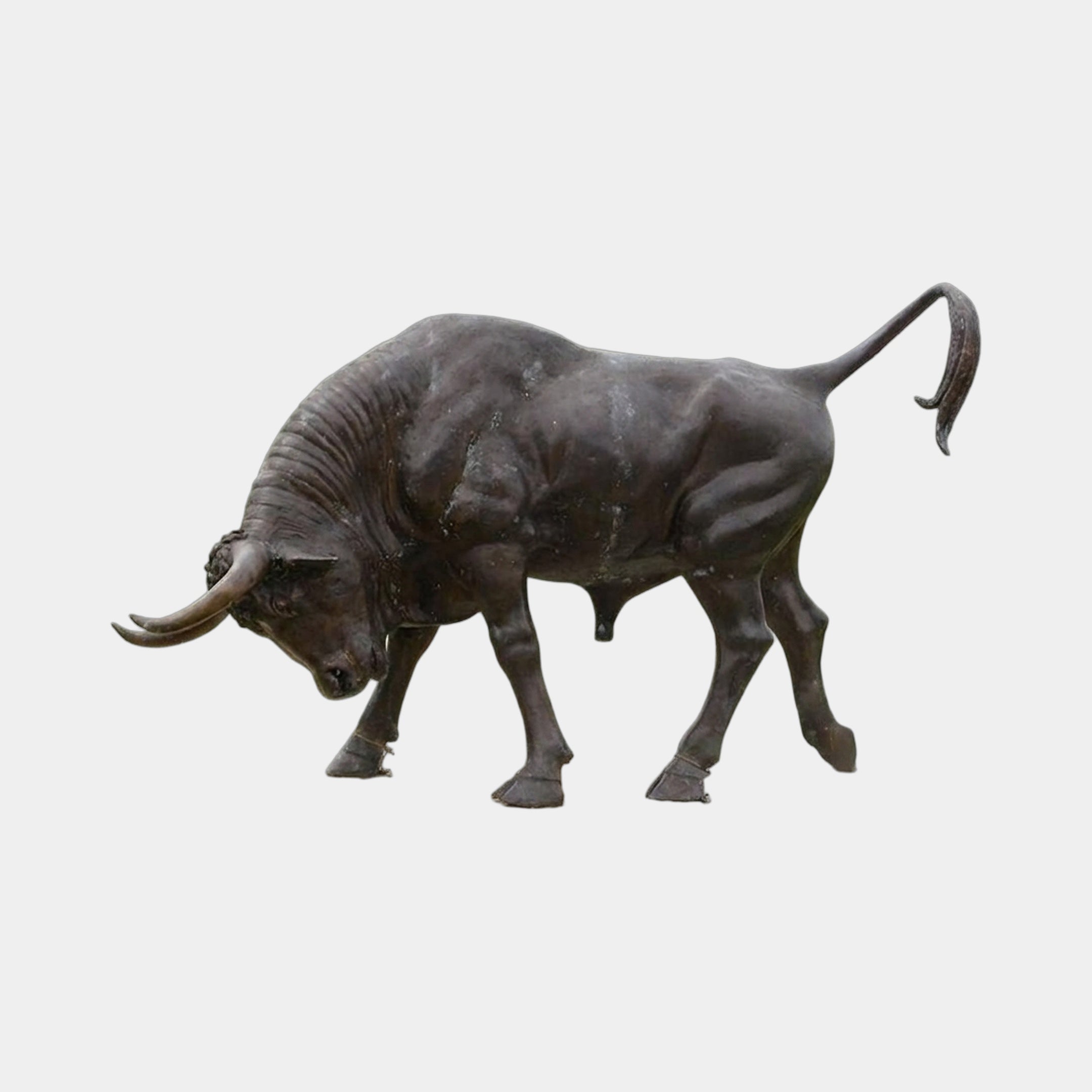 Giant Sculptures Life-Size Traditional Charging Bull Bronze Sculpture 220cm, head lowered with horns forward and tail arched, dark patina, plain background.
