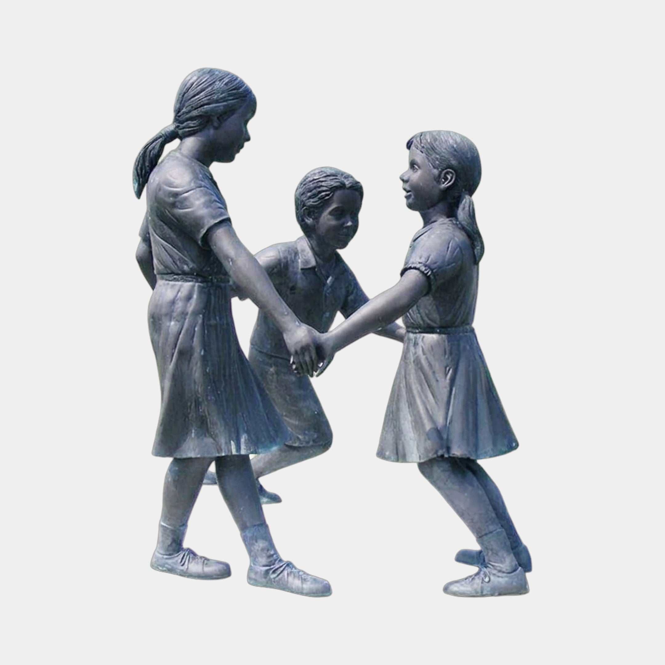 Life-Size Traditional Children Playing Bronze Sculpture by Giant Sculptures, three child figures clasping hands in a ring formation with dark patina, on a plain background.